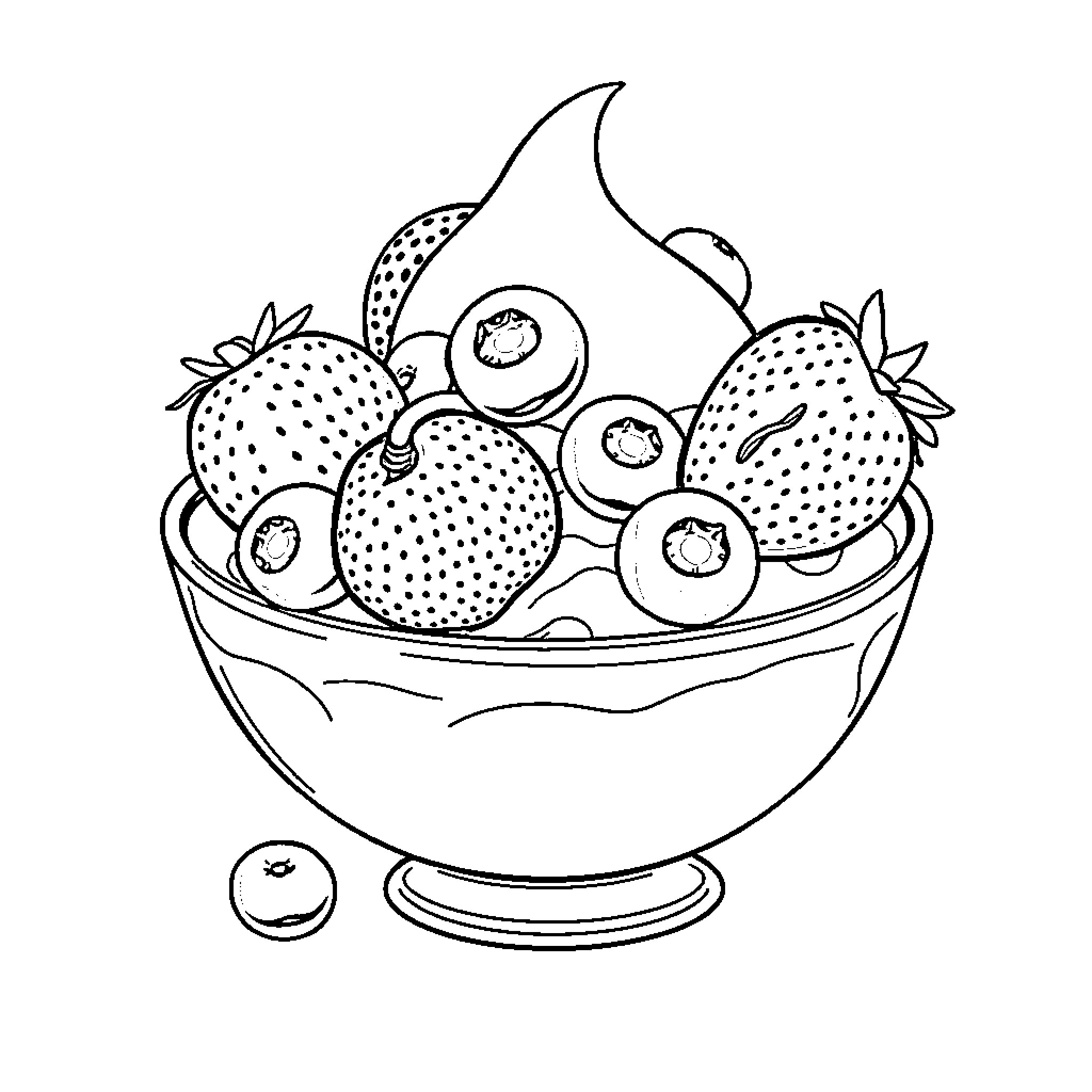 Ice Cream Sundae with Berries and Fruit Coloring Page (free black-and-white line drawing printable PDF for all, from beginners to advanced learners, including children, teens, adults, and seniors)