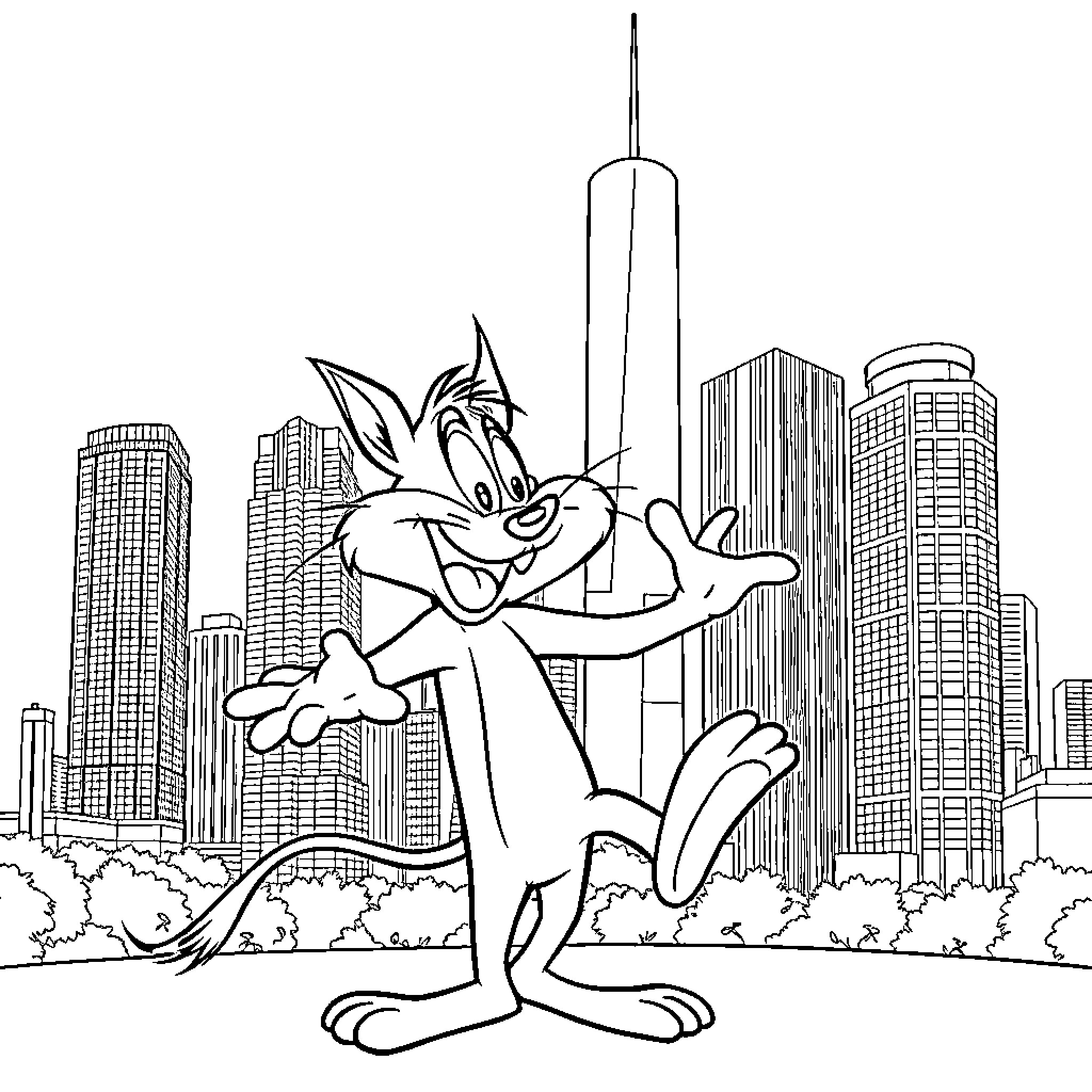 Taz explores the bustling city skyline Coloring Page (free black-and-white line drawing printable PDF for all, from beginners to advanced learners, including children, teens, adults, and seniors)