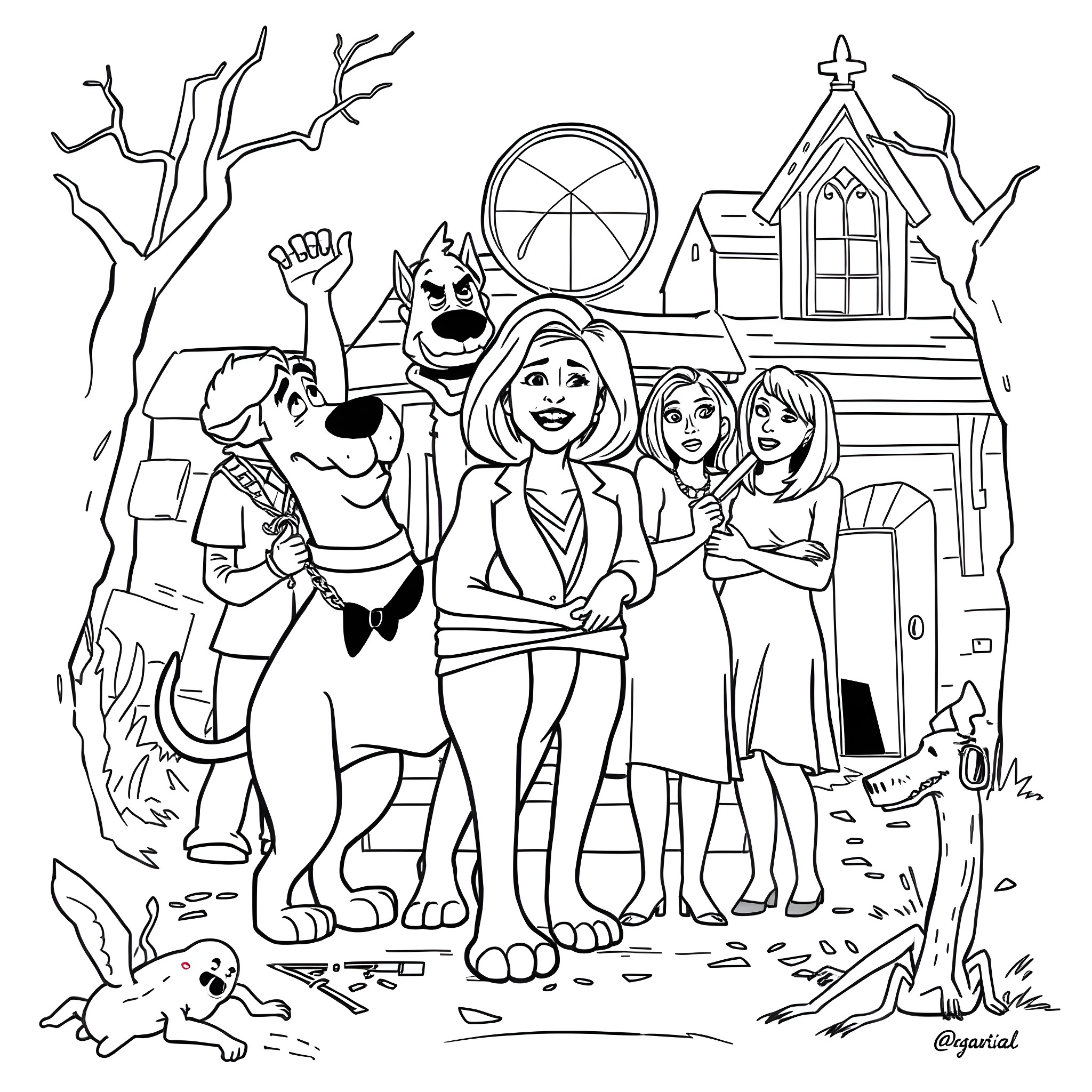 Scooby Doo and friends solve mystery at haunted house Coloring Page (free black-and-white line drawing printable PDF for all, from beginners to advanced learners, including children, teens, adults, and seniors)