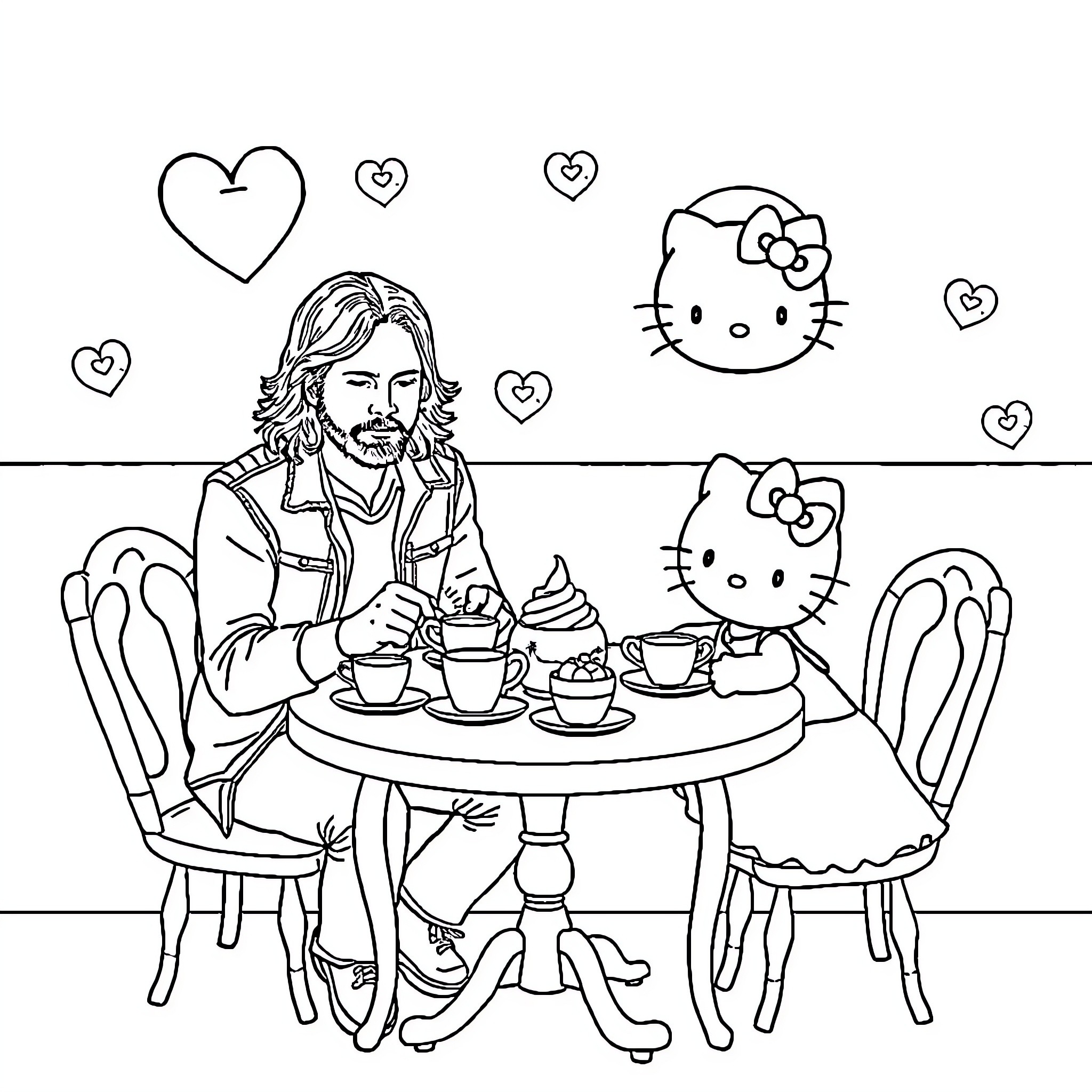 Eddie Vedder enjoying a tea party with Hello Kitty characters Coloring Page (free black-and-white line drawing printable PDF for all, from beginners to advanced learners, including children, teens, adults, and seniors)