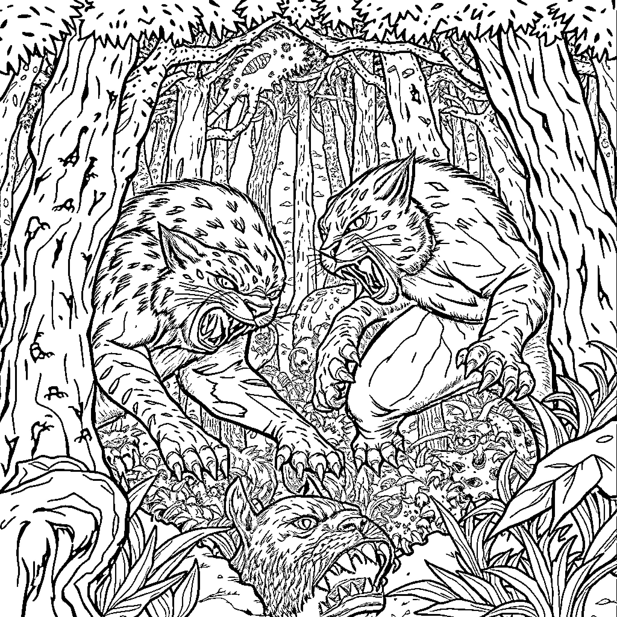 Warrior Cats Engaged in Fierce Battle in the Forest Coloring Page (free black-and-white line drawing printable PDF for all, from beginners to advanced learners, including children, teens, adults, and seniors)
