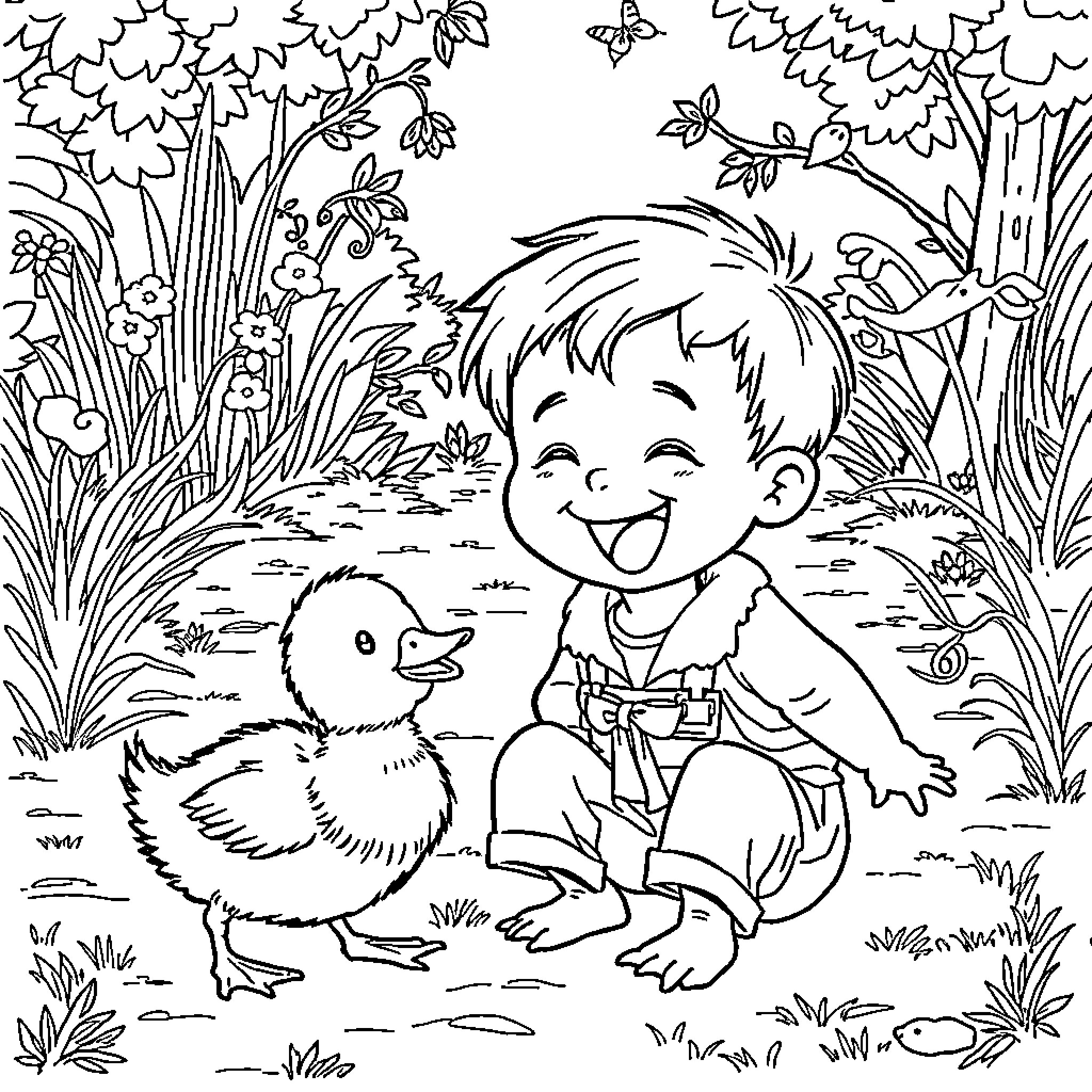 Duck playing joyfully with a young child in nature Coloring Page (free black-and-white line drawing printable PDF for all, from beginners to advanced learners, including children, teens, adults, and seniors)