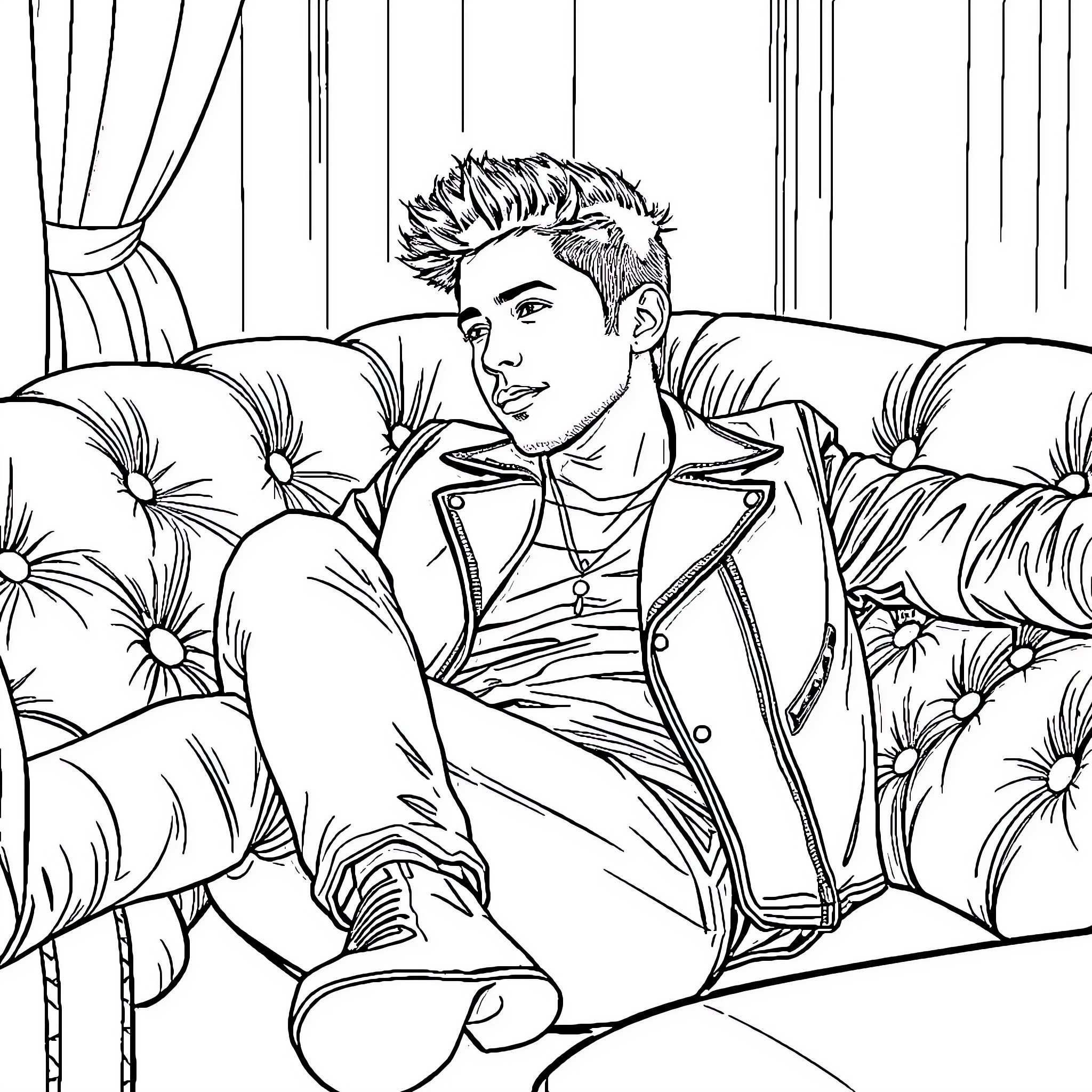 Nick Jonas relaxing on a patterned couch Coloring Page (free black-and-white line drawing printable PDF for all, from beginners to advanced learners, including children, teens, adults, and seniors)