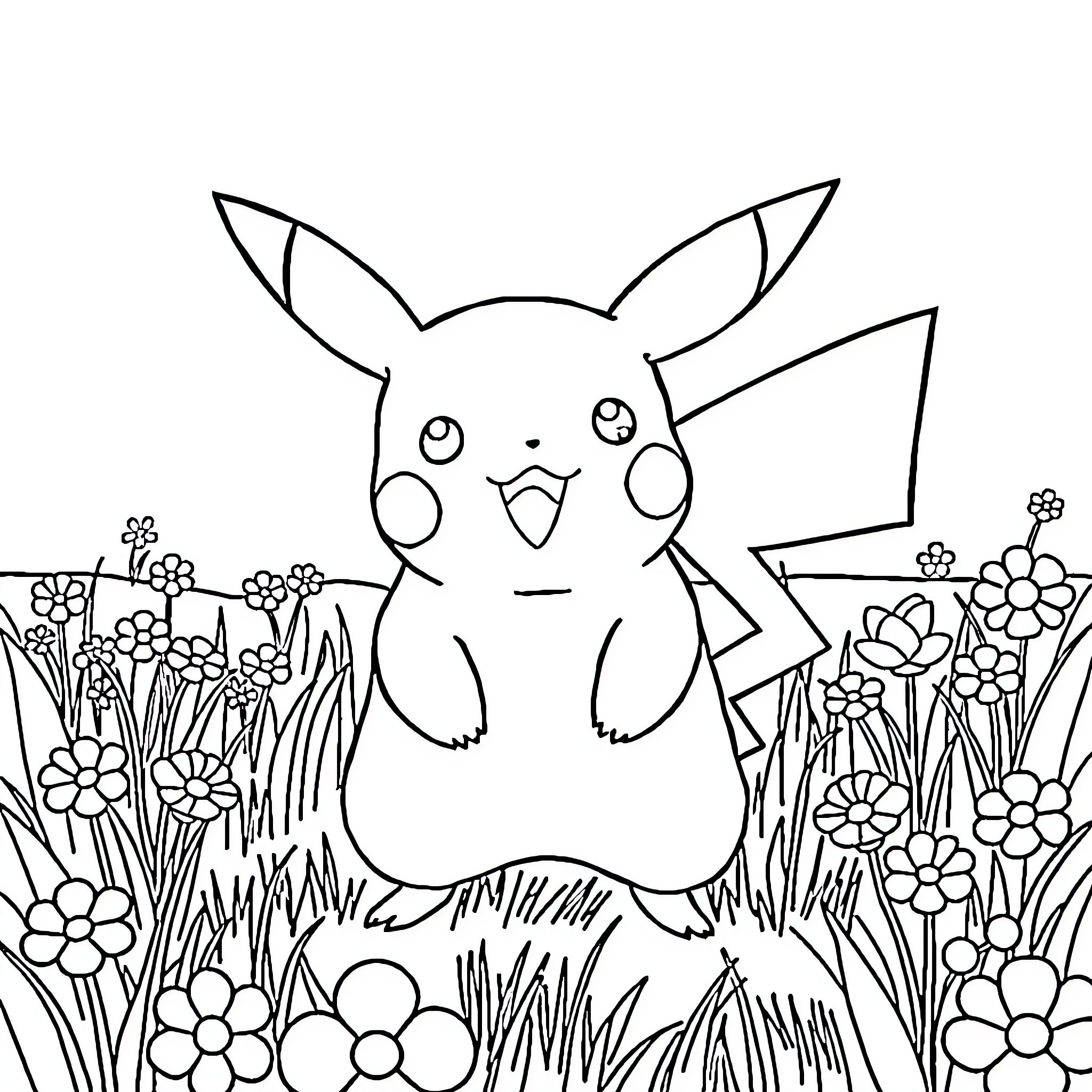 Pikachu playing among the flowers Coloring Page (free black-and-white line drawing printable PDF for all, from beginners to advanced learners, including children, teens, adults, and seniors)