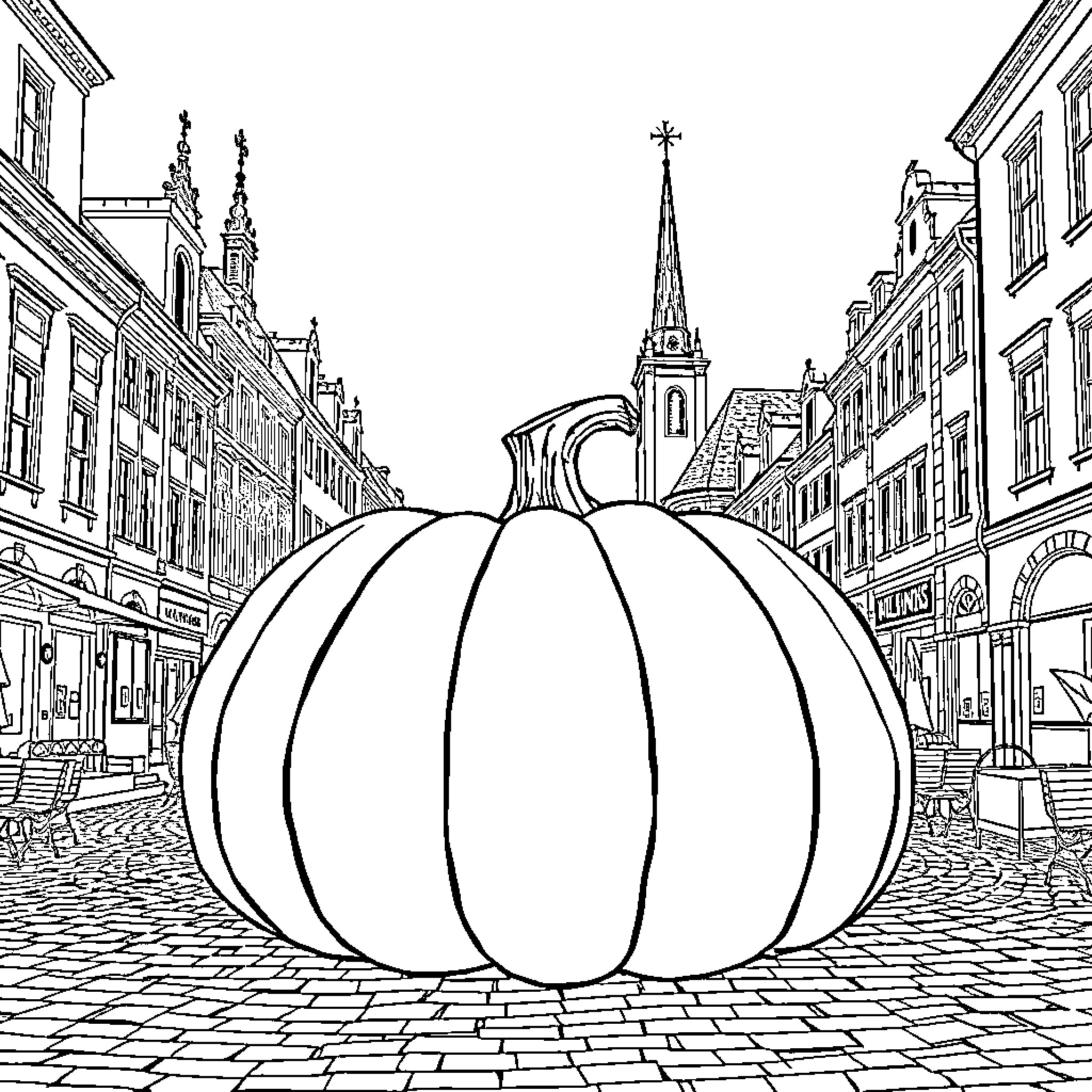 Pumpkin in the Quaint Cobblestone Town Coloring Page (free black-and-white line drawing printable PDF for all, from beginners to advanced learners, including children, teens, adults, and seniors)