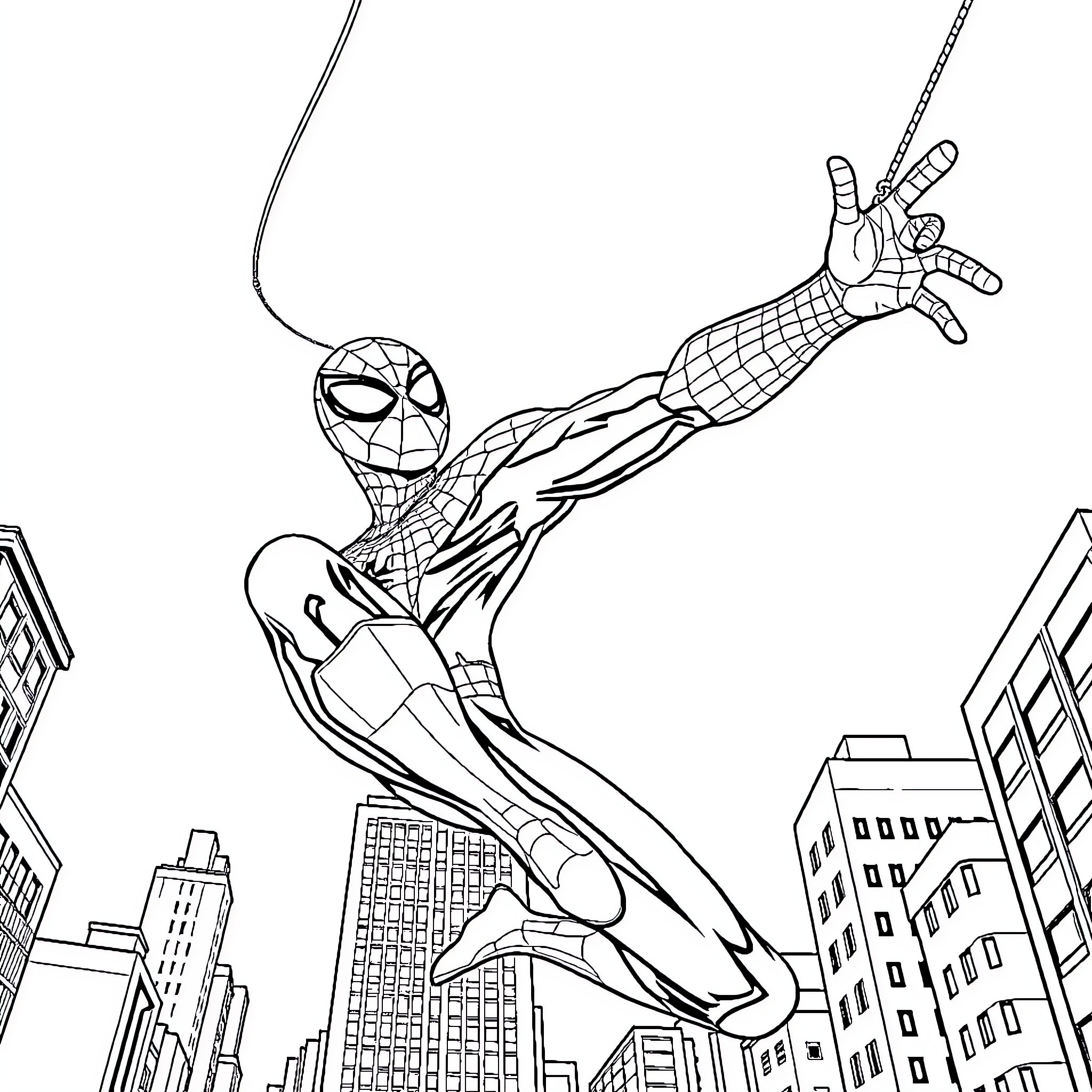 Spiderman swinging through the city skyline Coloring Page (free black-and-white line drawing printable PDF for all, from beginners to advanced learners, including children, teens, adults, and seniors)