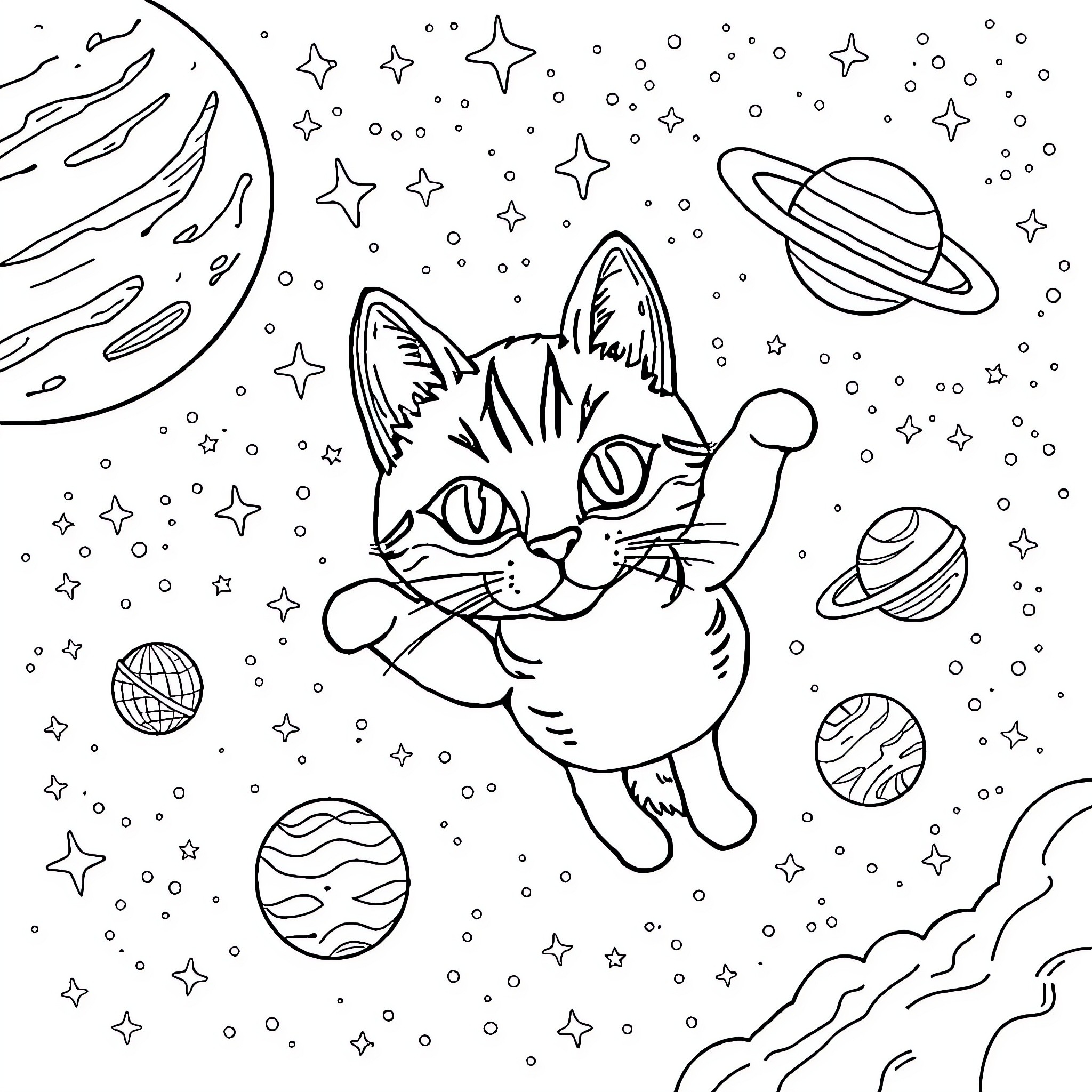 Cat in space with planets and stars Coloring Page (free black-and-white line drawing printable PDF for all, from beginners to advanced learners, including children, teens, adults, and seniors)