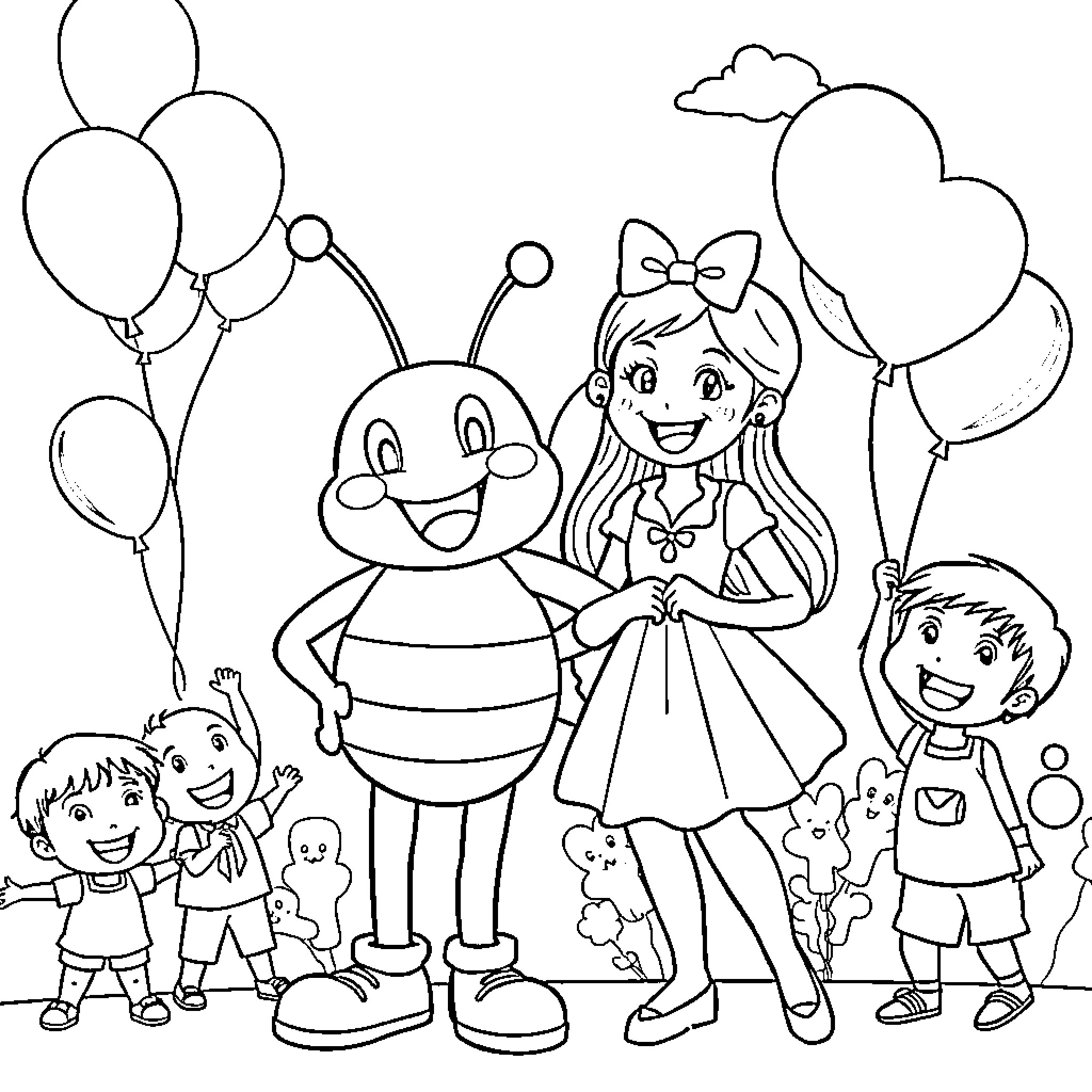 Jollibee and Friends Celebrate with Balloons Coloring Page (free black-and-white line drawing printable PDF for all, from beginners to advanced learners, including children, teens, adults, and seniors)