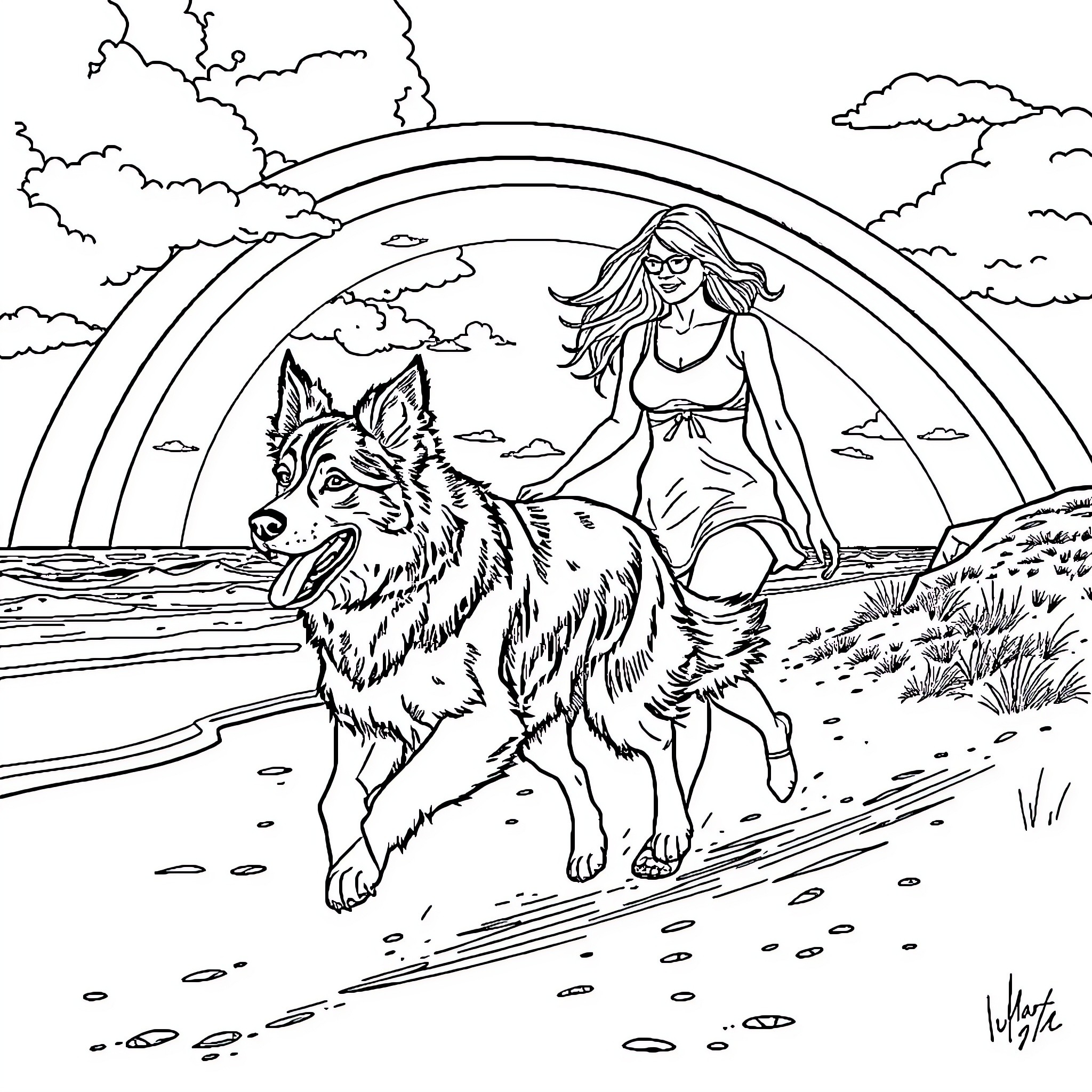 Border Collie playing with woman in countryside Coloring Page (free black-and-white line drawing printable PDF for all, from beginners to advanced learners, including children, teens, adults, and seniors)