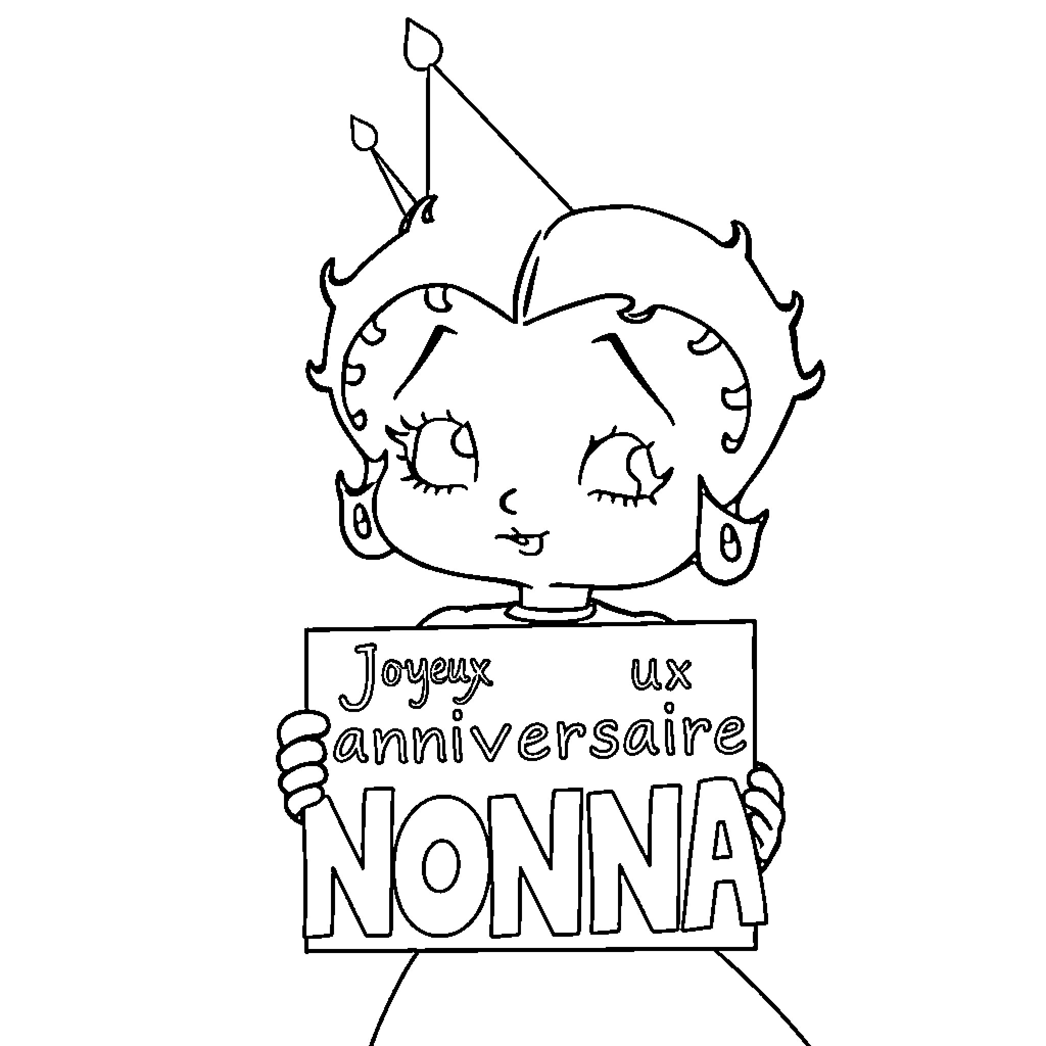 Betty Boop Celebrates a Birthday Coloring Page (free black-and-white line drawing printable PDF for all, from beginners to advanced learners, including children, teens, adults, and seniors)