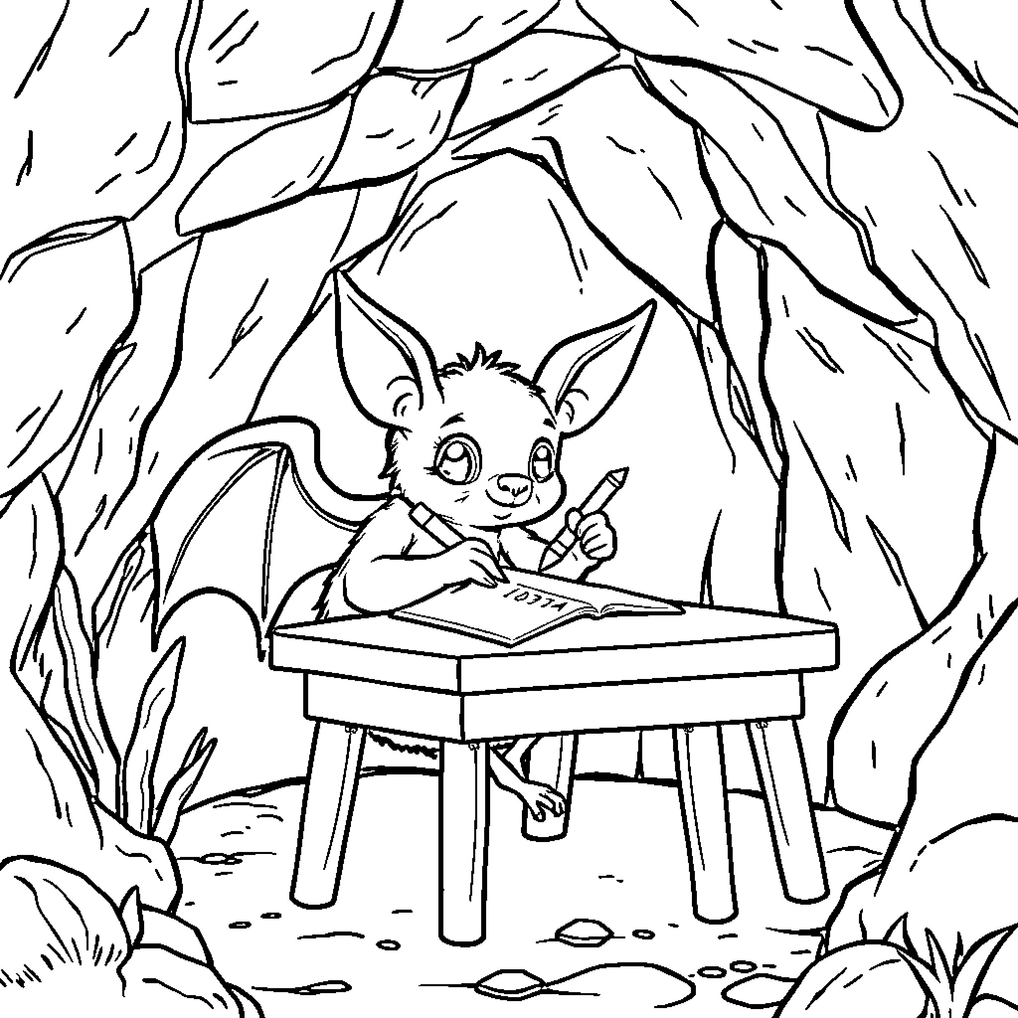 Bat studying in the woods Coloring Page (free black-and-white line drawing printable PDF for all, from beginners to advanced learners, including children, teens, adults, and seniors)