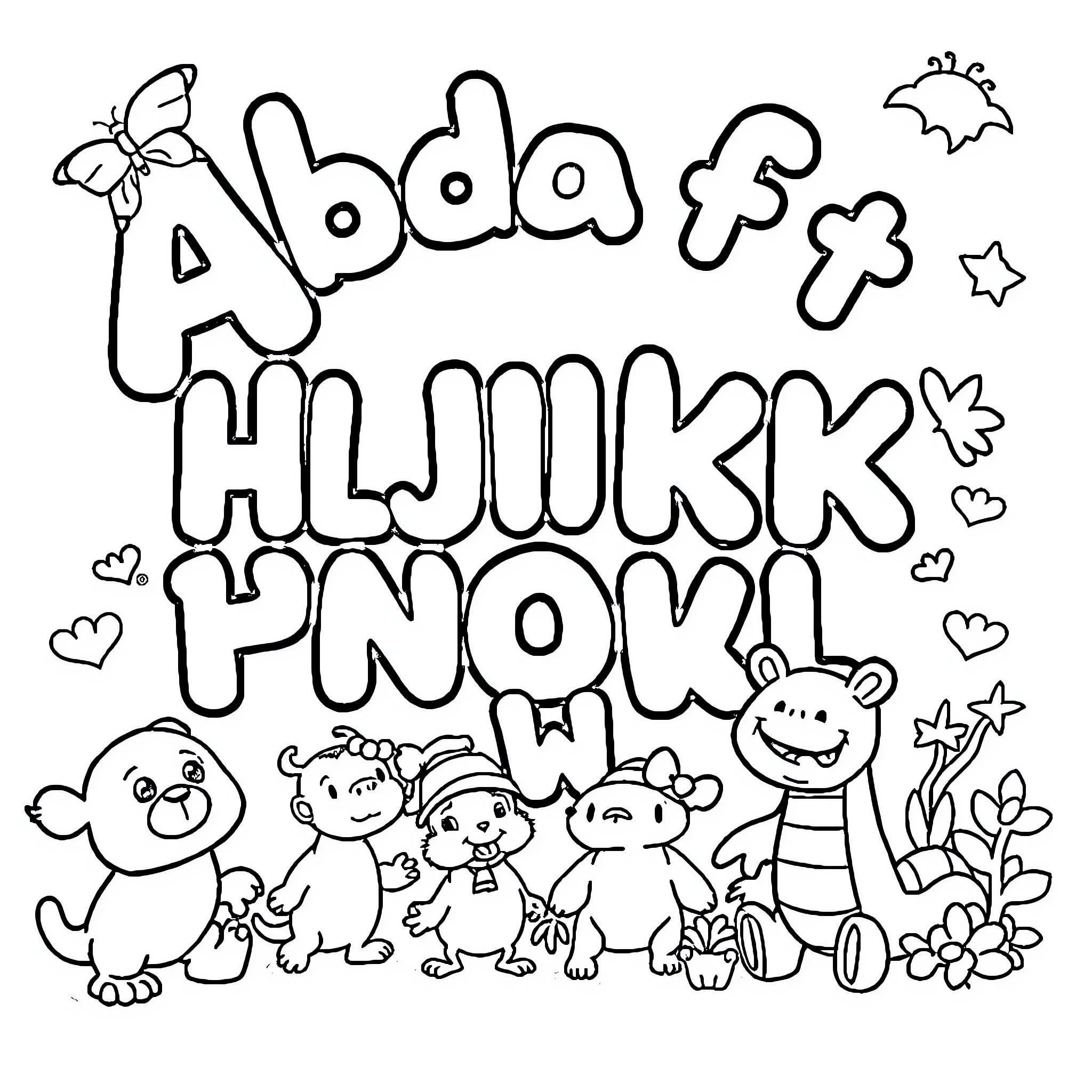 Alphabet characters in playful scenes Coloring Page (free black-and-white line drawing printable PDF for all, from beginners to advanced learners, including children, teens, adults, and seniors)