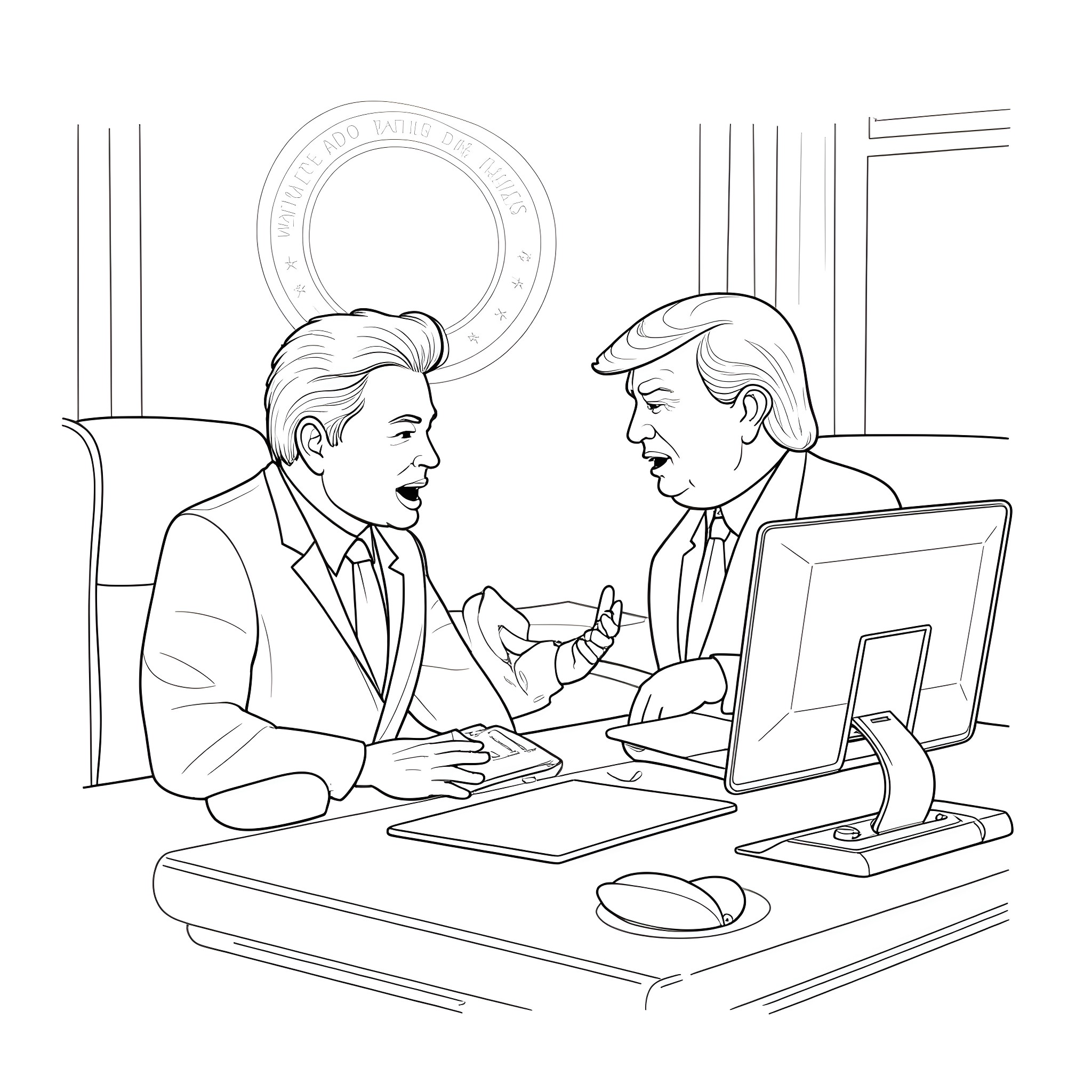Elon Musk discussing business plans with Donald Trump in the Oval Office Coloring Page (free black-and-white line drawing printable PDF for all, from beginners to advanced learners, including children, teens, adults, and seniors)