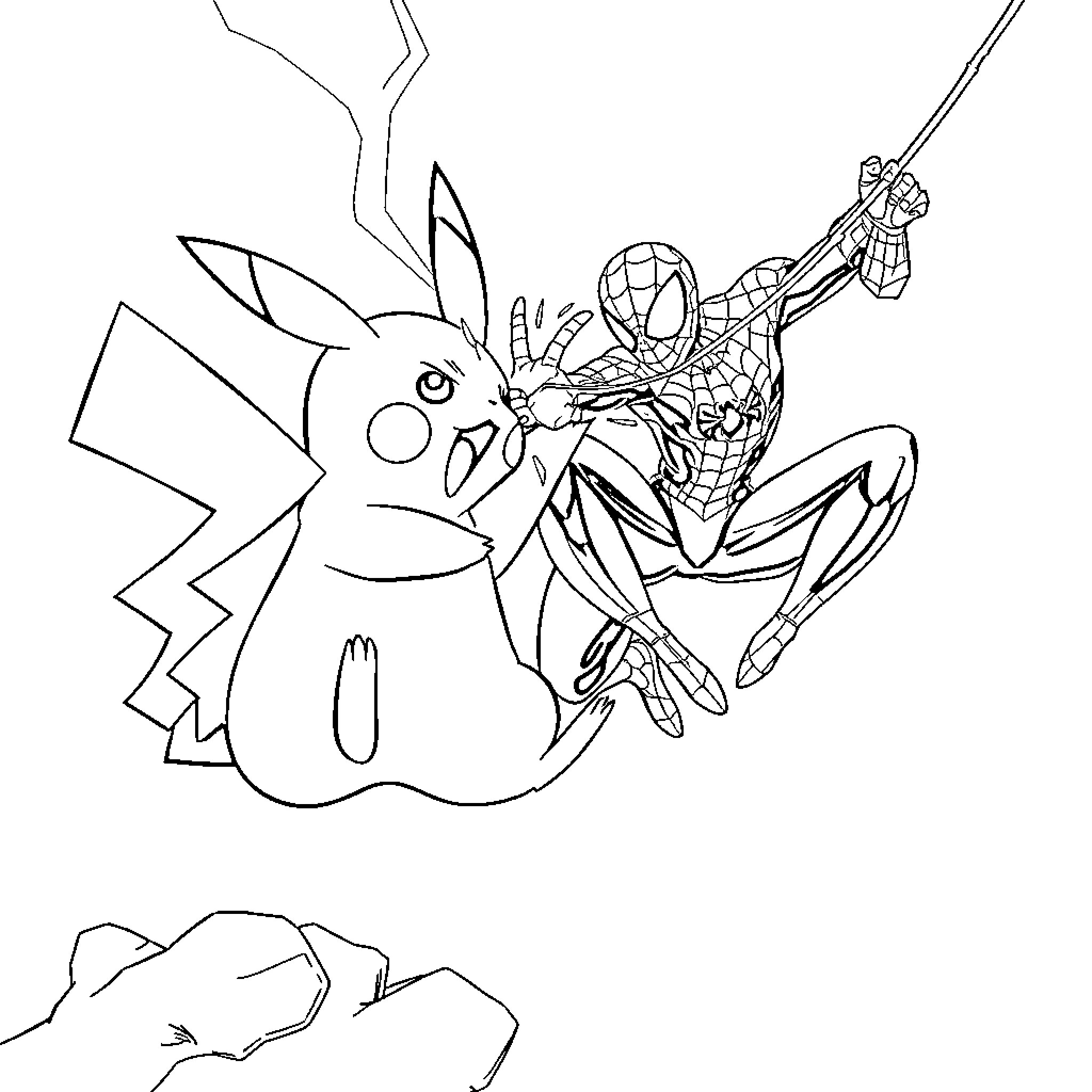 Pikachu and Spider-Man in an epic battle Coloring Page (free black-and-white line drawing printable PDF for all, from beginners to advanced learners, including children, teens, adults, and seniors)