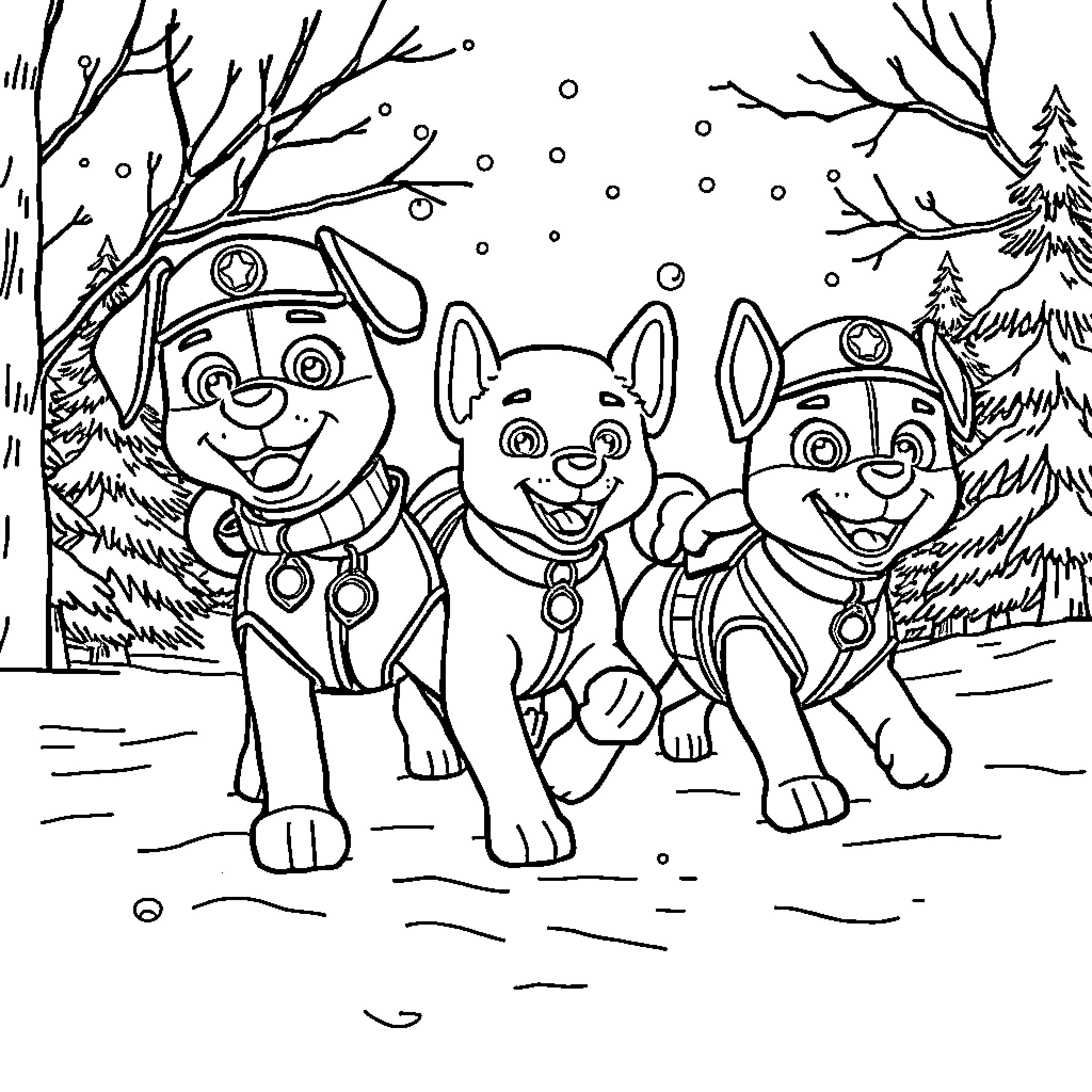 Paw Patrol pups exploring the snowy winter scene Coloring Page (free black-and-white line drawing printable PDF for all, from beginners to advanced learners, including children, teens, adults, and seniors)