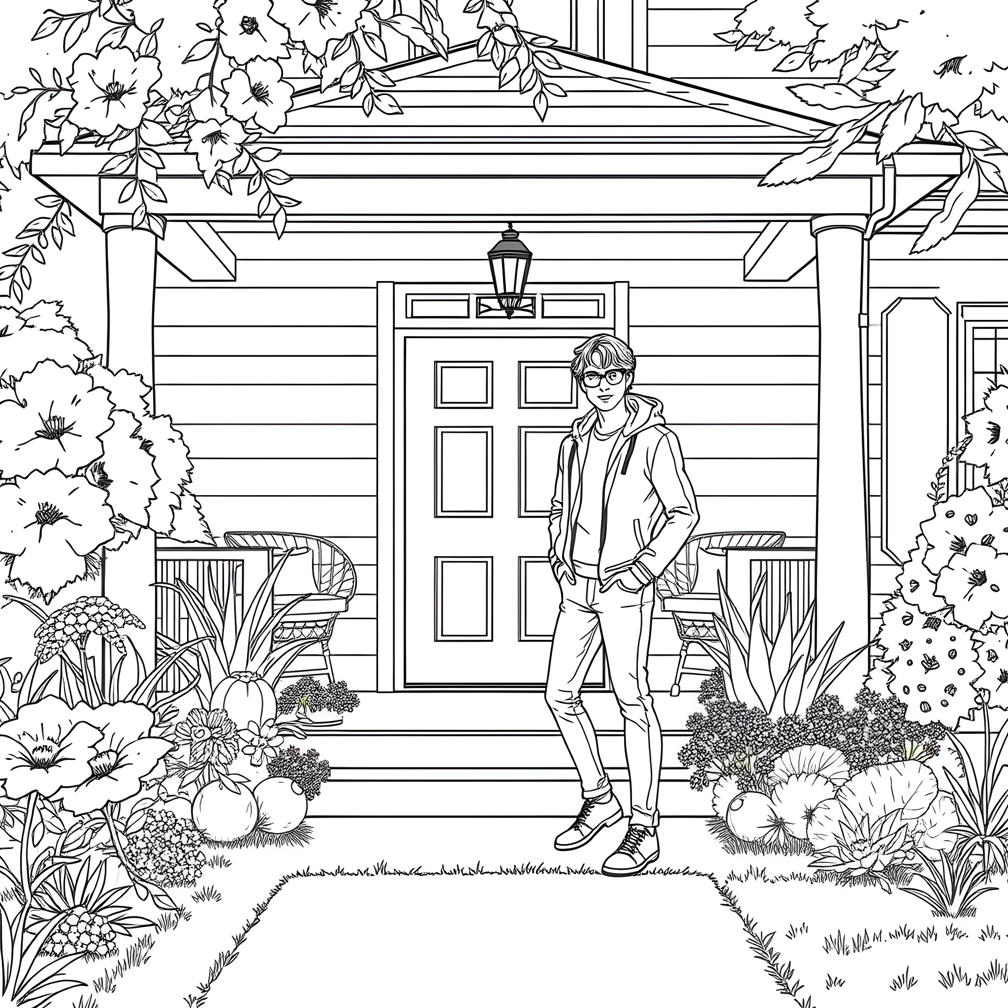 Teen Couple Standing by Floral Garden Entrance Coloring Page (free black-and-white line drawing printable PDF for all, from beginners to advanced learners, including children, teens, adults, and seniors)