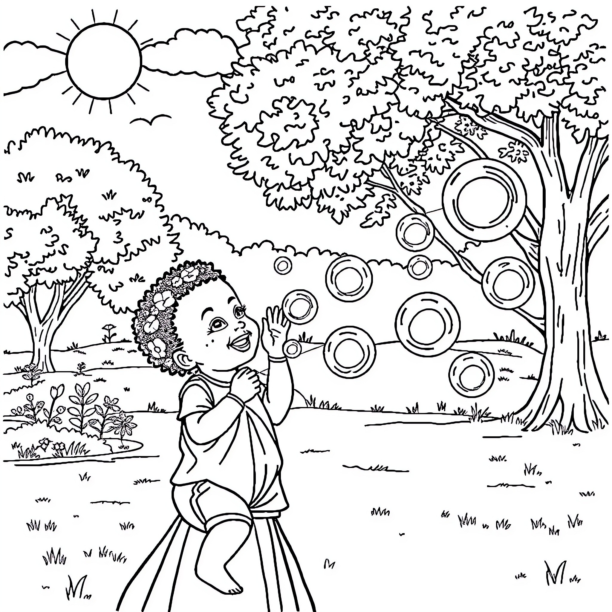 Mom enjoying the outdoors with bubbles Coloring Page (free black-and-white line drawing printable PDF for all, from beginners to advanced learners, including children, teens, adults, and seniors)