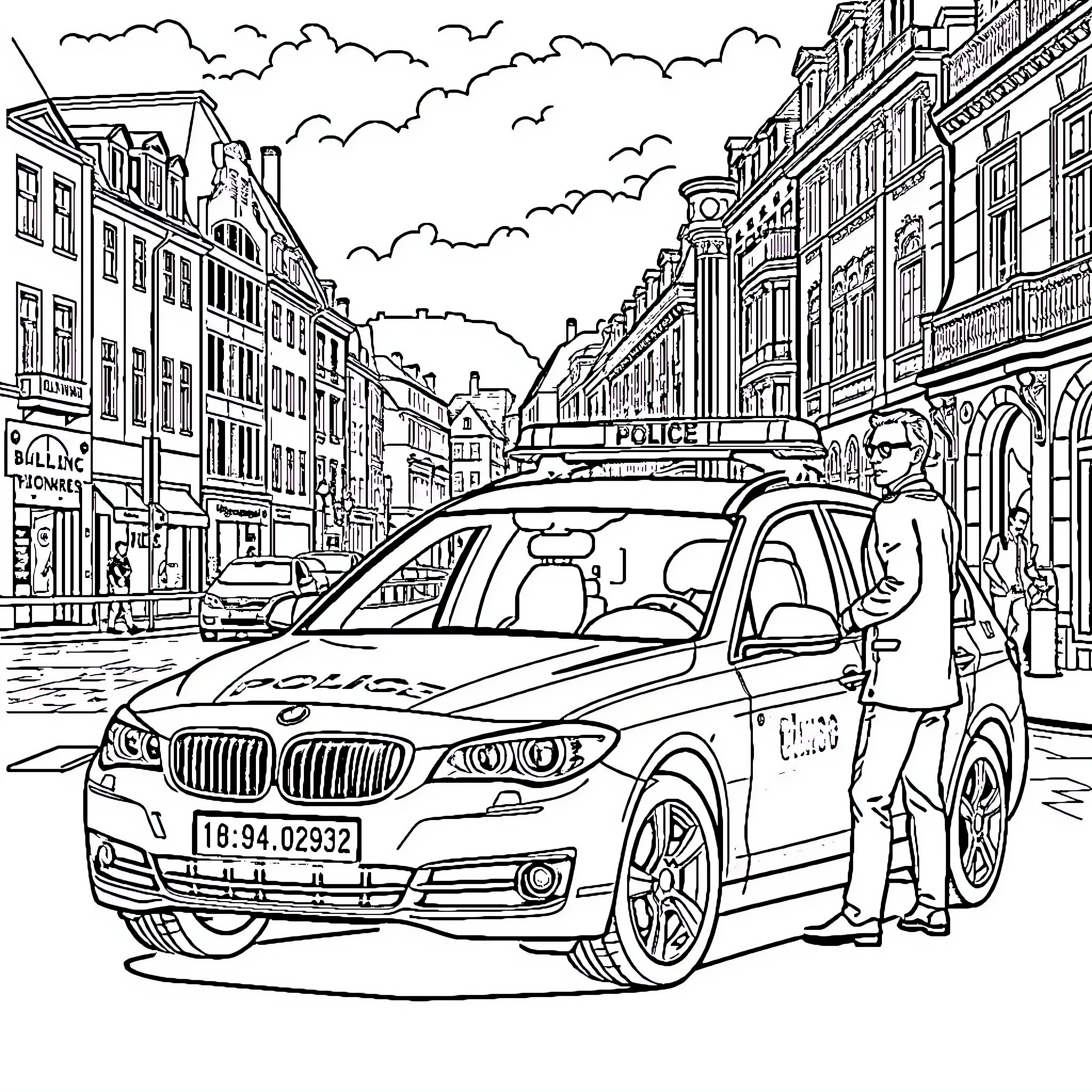 Police Car in Busy Urban Street Scene Coloring Page (free black-and-white line drawing printable PDF for all, from beginners to advanced learners, including children, teens, adults, and seniors)