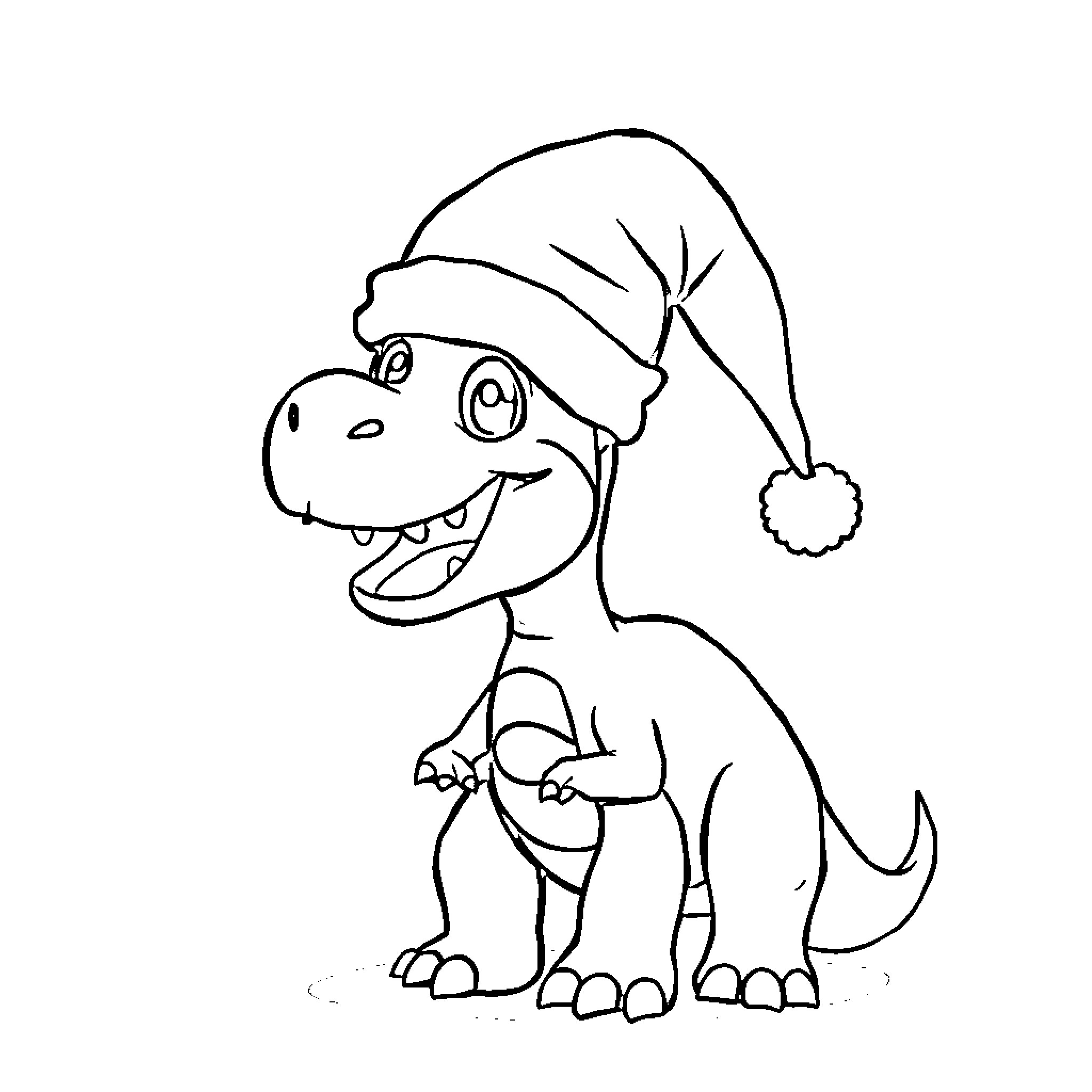 Dinosaur wearing a Santa hat Coloring Page (free black-and-white line drawing printable PDF for all, from beginners to advanced learners, including children, teens, adults, and seniors)