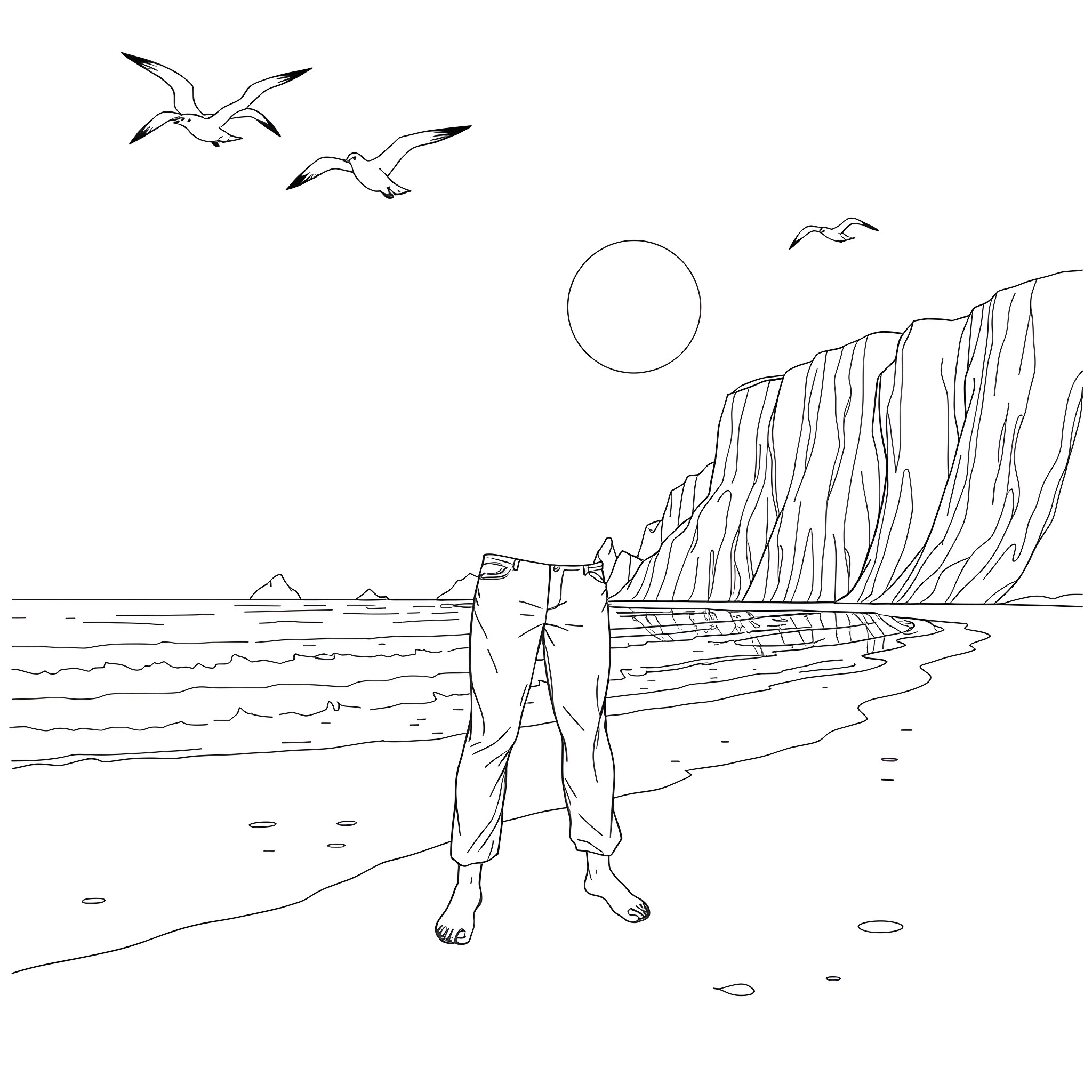 Beach scene with a person walking on the shore Coloring Page (free black-and-white line drawing printable PDF for all, from beginners to advanced learners, including children, teens, adults, and seniors)