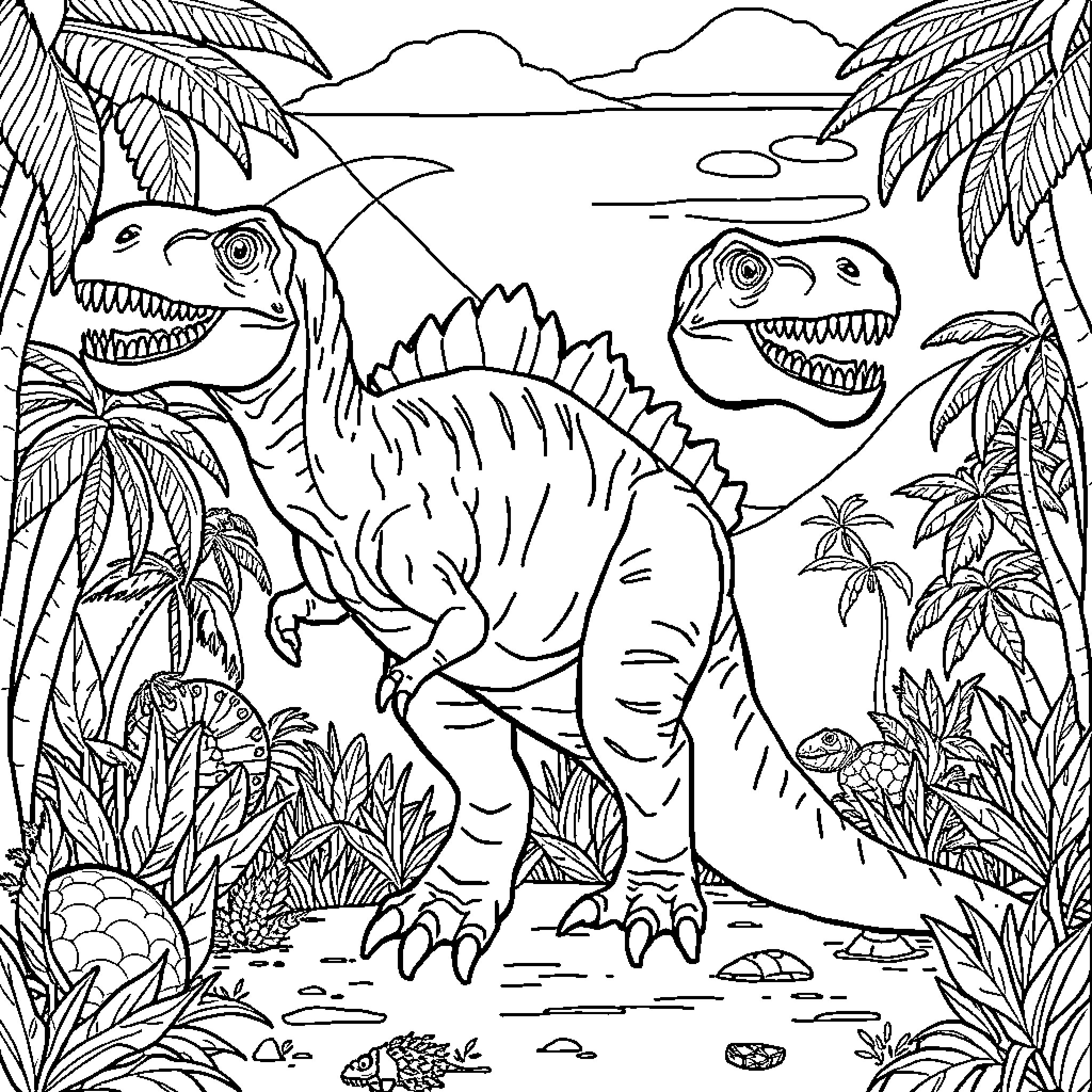Dinosaur adventure in the tropical landscape Coloring Page (free black-and-white line drawing printable PDF for all, from beginners to advanced learners, including children, teens, adults, and seniors)
