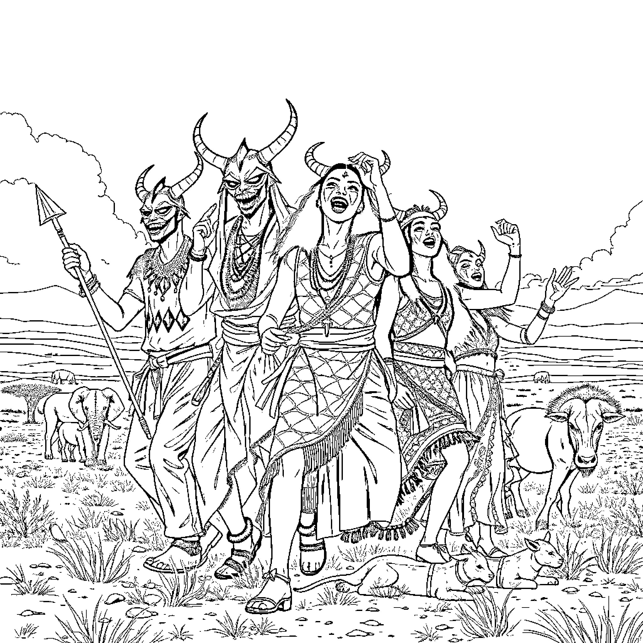 Demon Hunters in Tribal Attire Facing Challenges Coloring Page (free black-and-white line drawing printable PDF for all, from beginners to advanced learners, including children, teens, adults, and seniors)