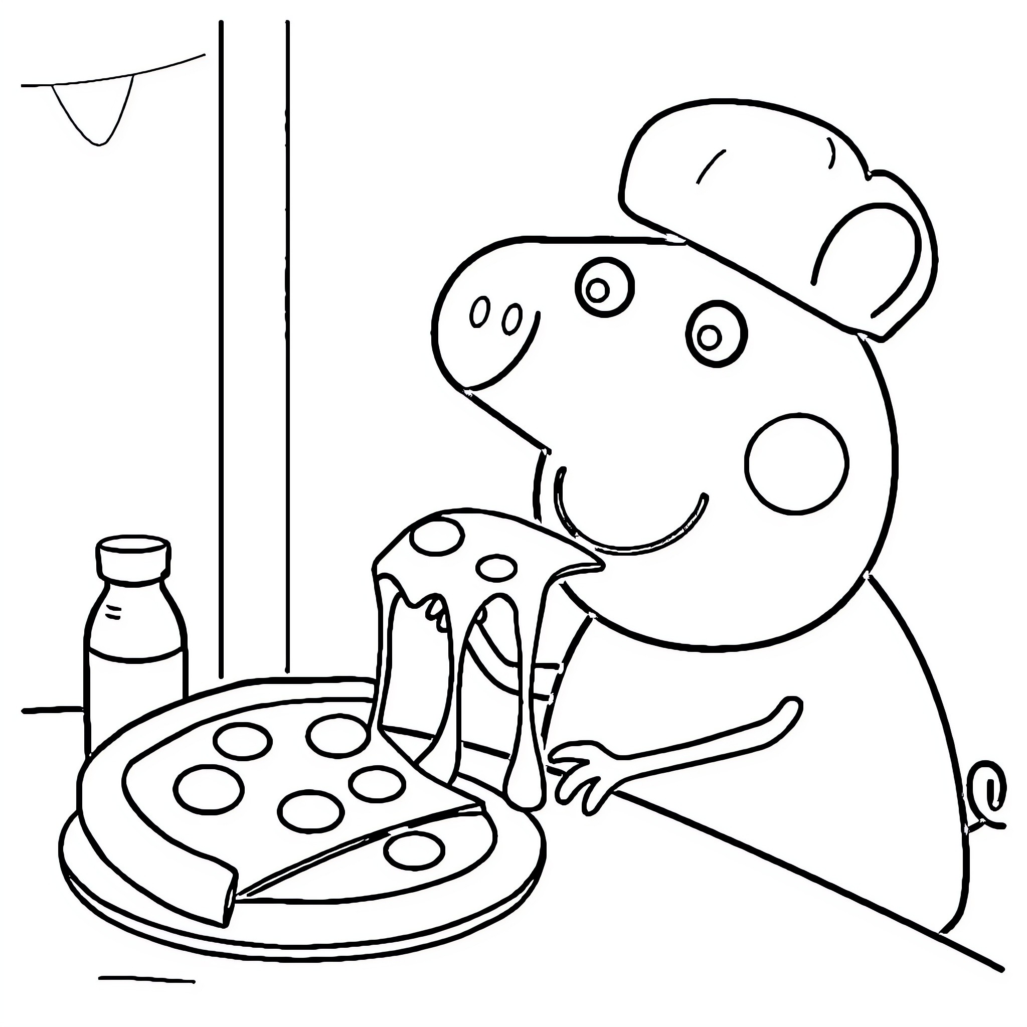 Peppa Pig enjoying a pizza party Coloring Page (free black-and-white line drawing printable PDF for all, from beginners to advanced learners, including children, teens, adults, and seniors)