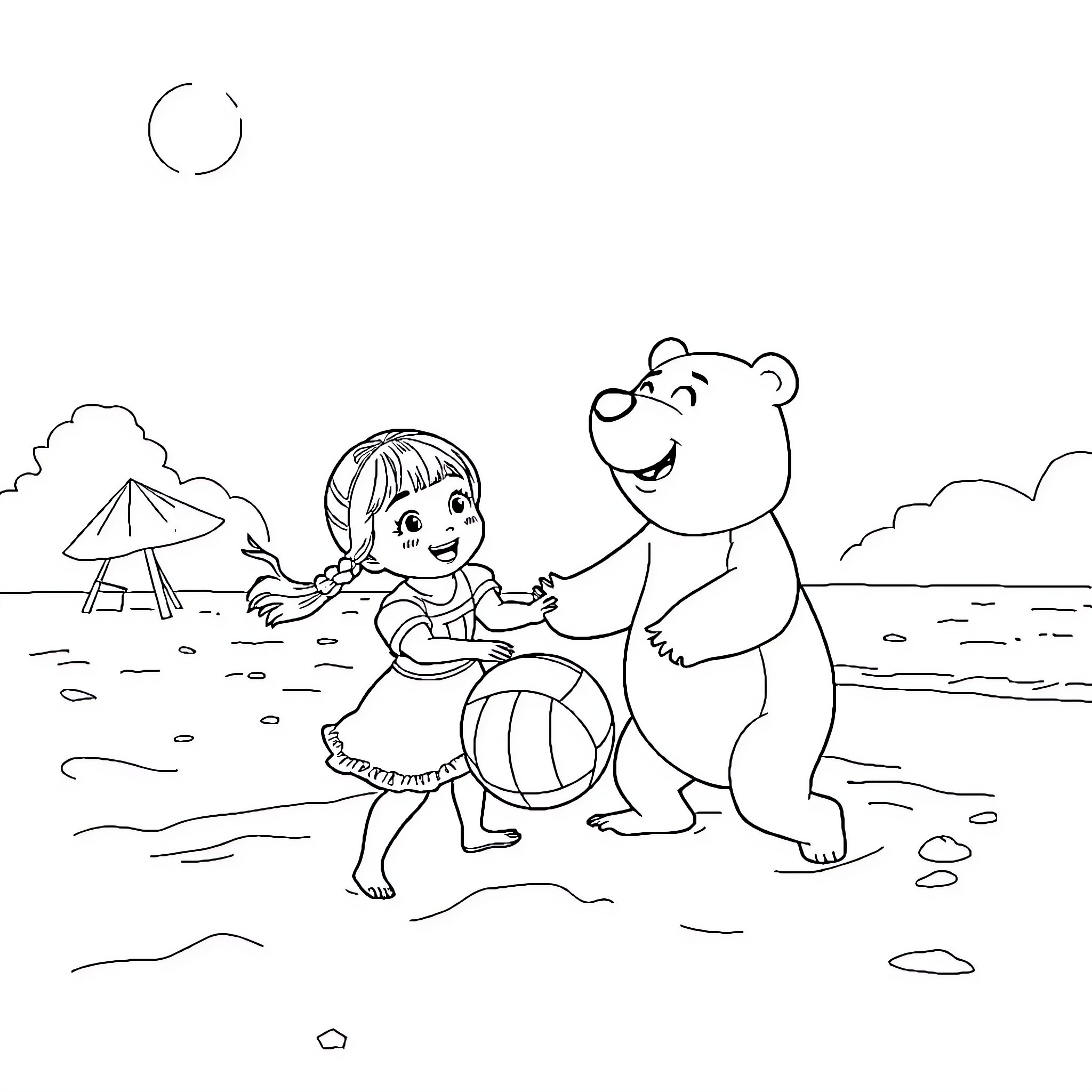 Masha playing happily with a bear on the beach Coloring Page (free black-and-white line drawing printable PDF for all, from beginners to advanced learners, including children, teens, adults, and seniors)