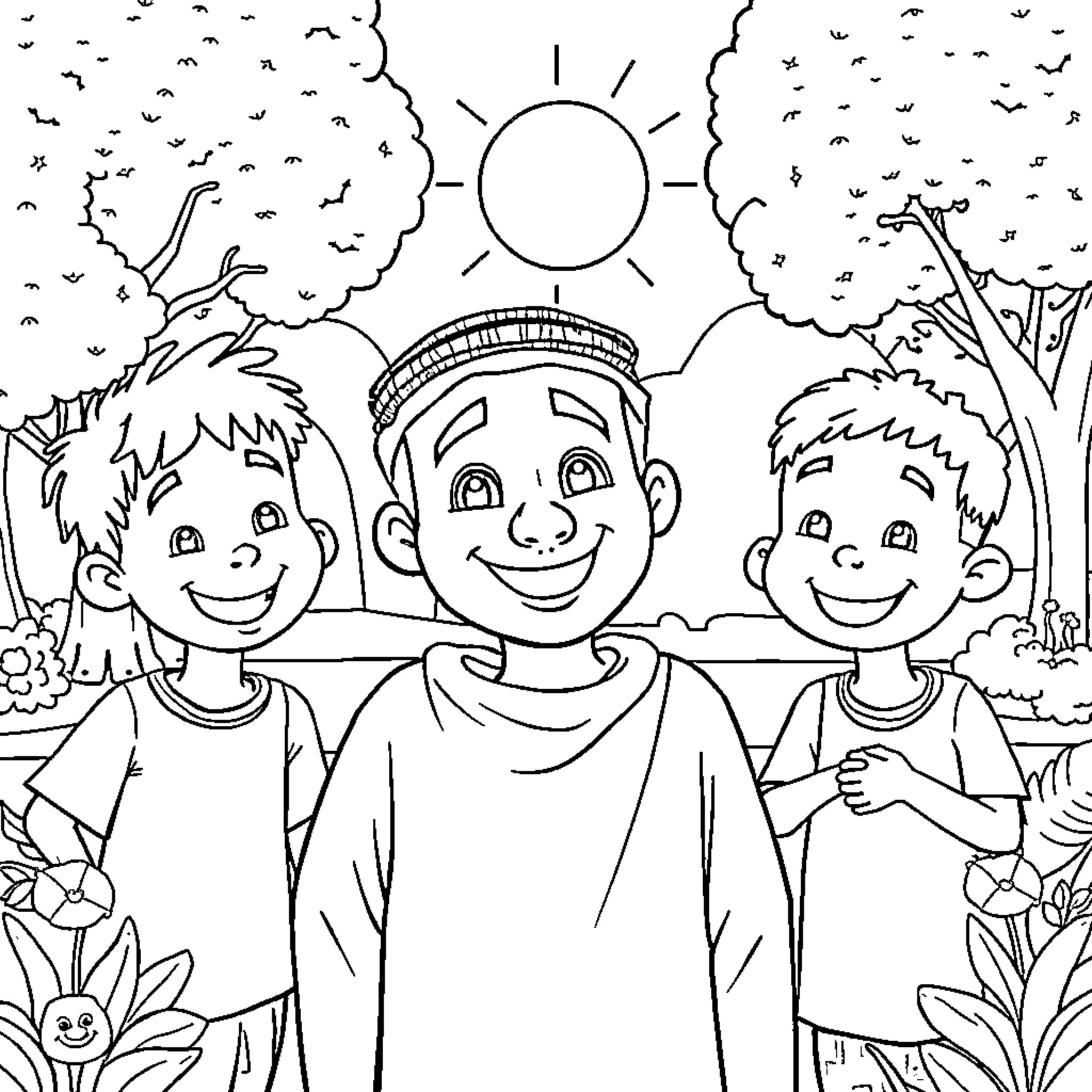 Ahmed's Friendly Outing with Companions Coloring Page (free black-and-white line drawing printable PDF for all, from beginners to advanced learners, including children, teens, adults, and seniors)