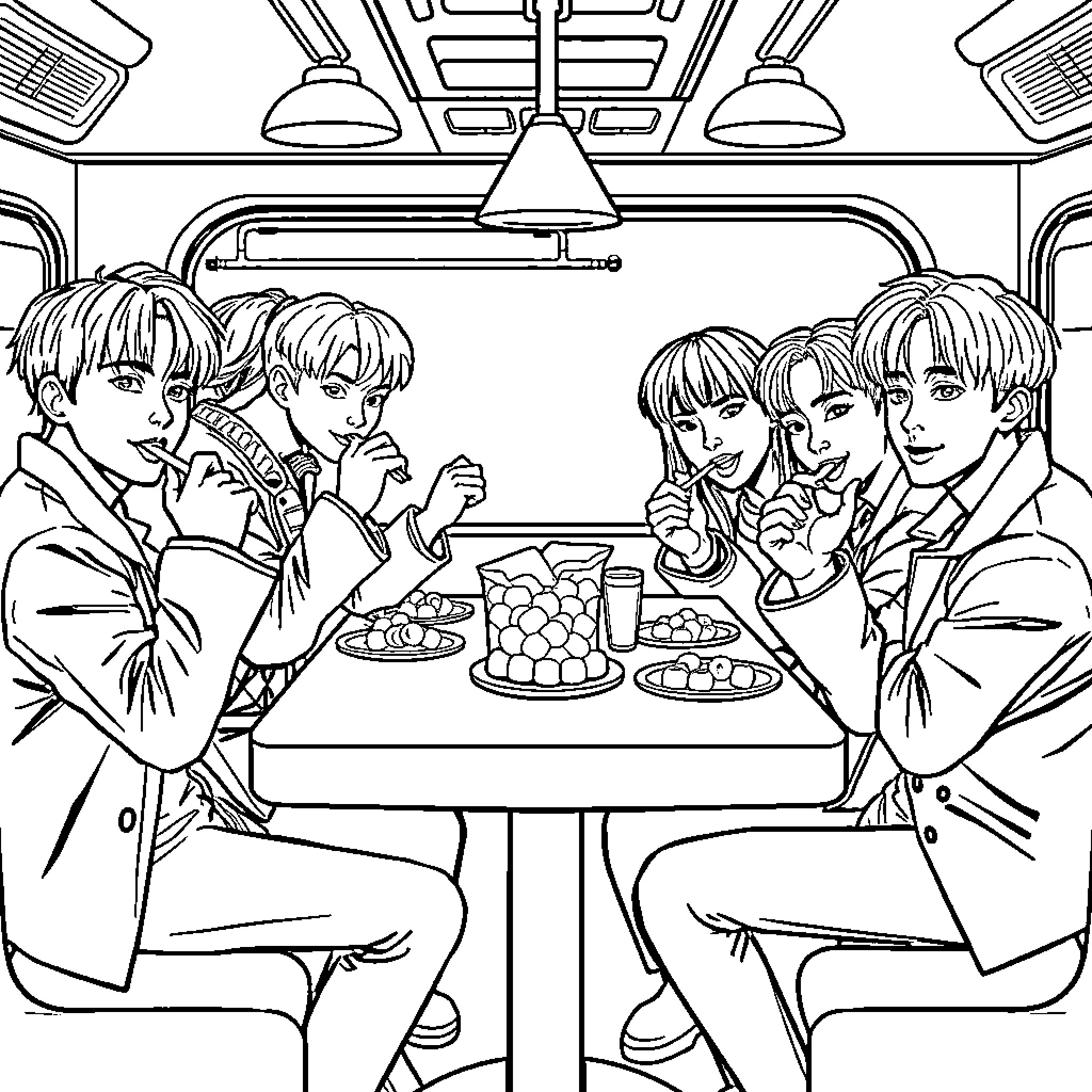 K Pop Group Enjoying Snacks and Drinks Together Coloring Page (free black-and-white line drawing printable PDF for all, from beginners to advanced learners, including children, teens, adults, and seniors)