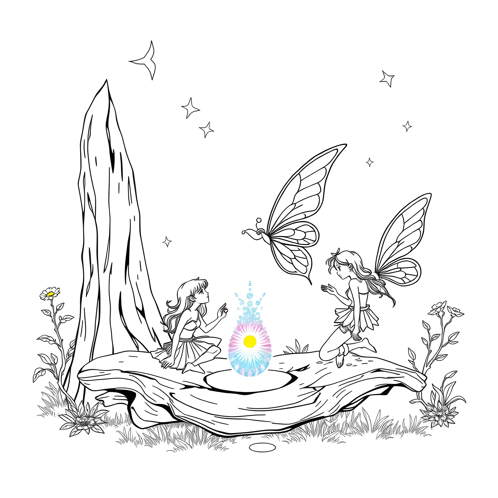 Fairy Princesses Admiring Magical Fountain Coloring Page (free black-and-white line drawing printable PDF for all, from beginners to advanced learners, including children, teens, adults, and seniors)