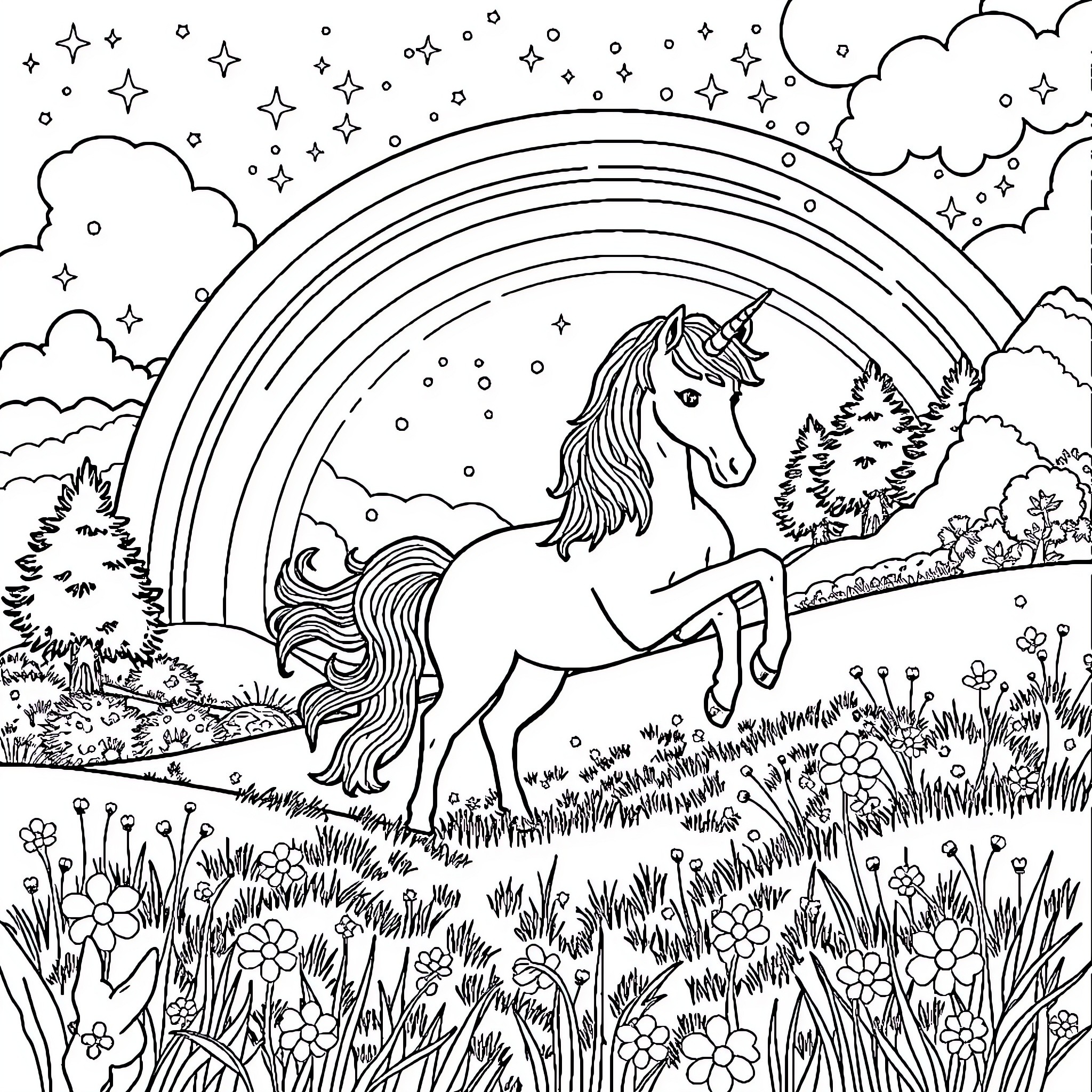 Unicorn galloping through a magical meadow Coloring Page (free black-and-white line drawing printable PDF for all, from beginners to advanced learners, including children, teens, adults, and seniors)