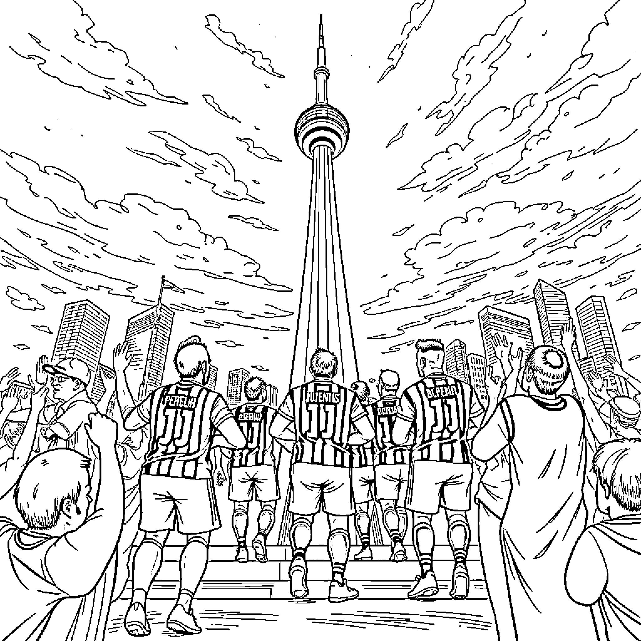 Juventus players celebrating victory in the city Coloring Page (free black-and-white line drawing printable PDF for all, from beginners to advanced learners, including children, teens, adults, and seniors)