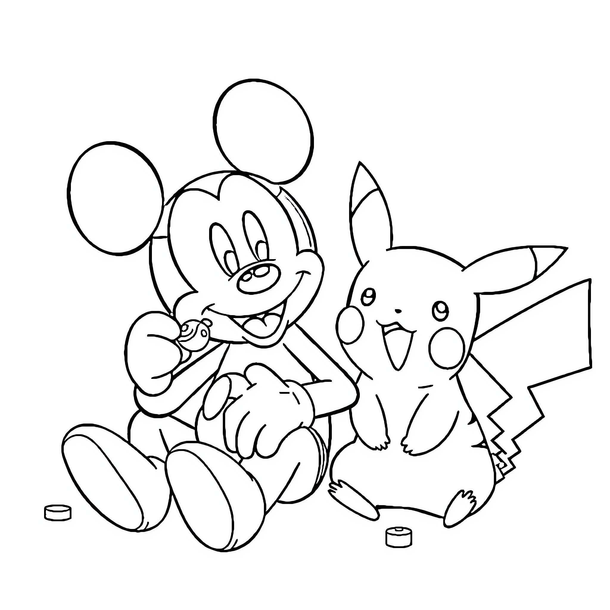Mickey Mouse and Pikachu playing together Coloring Page (free black-and-white line drawing printable PDF for all, from beginners to advanced learners, including children, teens, adults, and seniors)