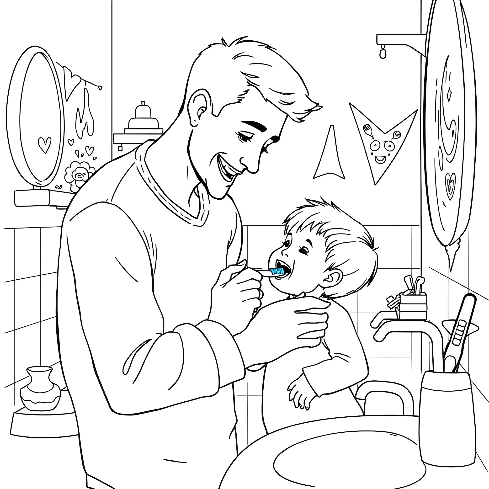 Adult caring for child's dental hygiene Coloring Page (free black-and-white line drawing printable PDF for all, from beginners to advanced learners, including children, teens, adults, and seniors)