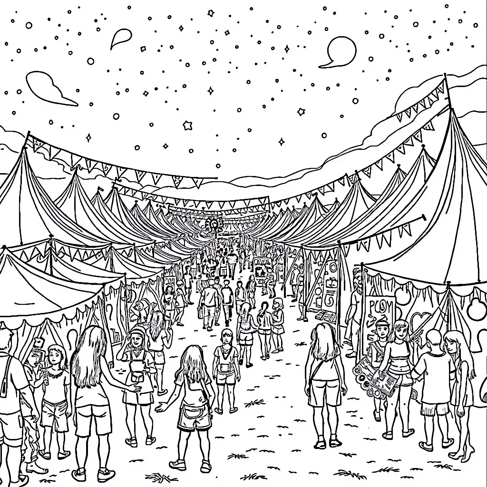 Hippy Festival with Lively Crowd and Decorations Coloring Page (free black-and-white line drawing printable PDF for all, from beginners to advanced learners, including children, teens, adults, and seniors)