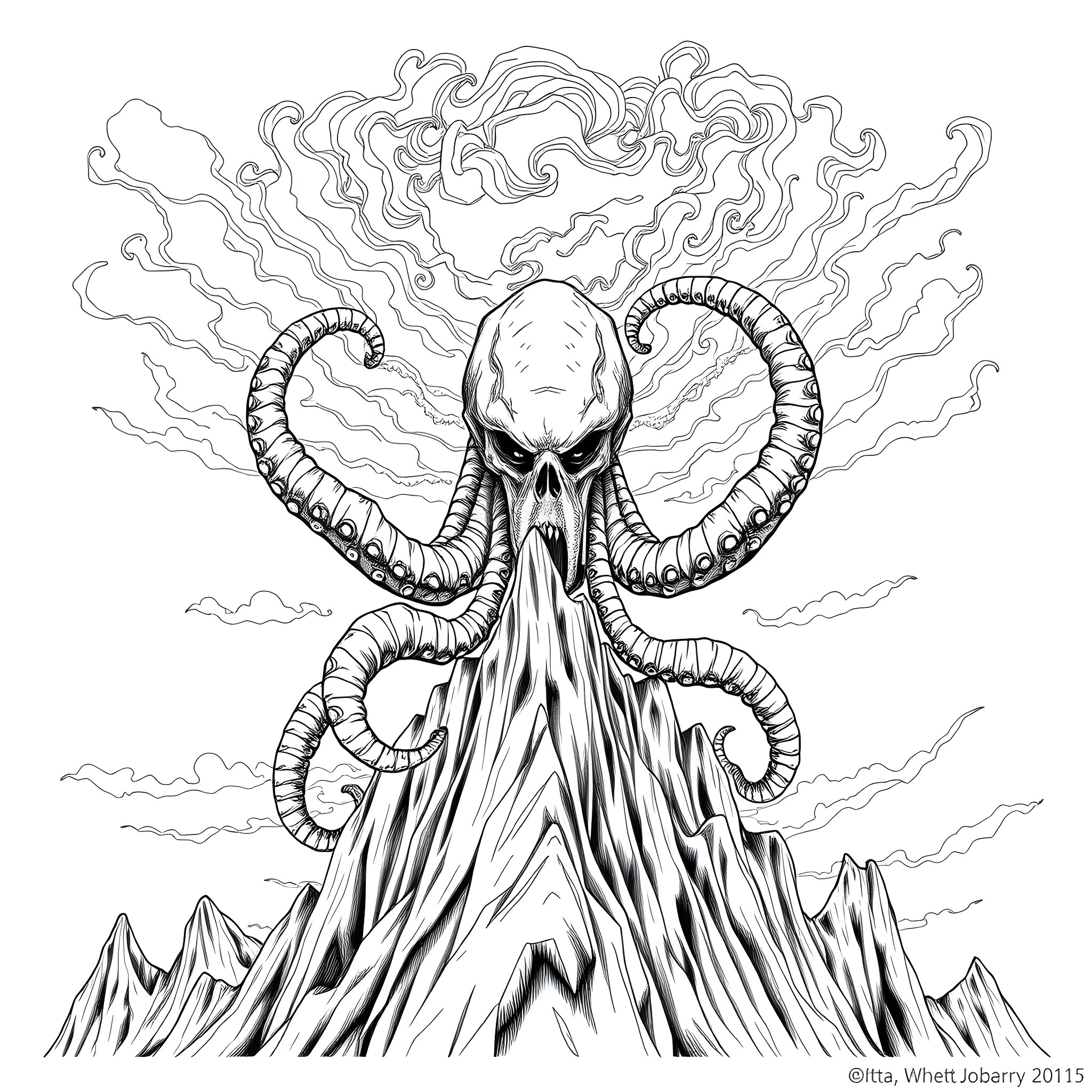 Monster with Horns and Tentacles Amid Swirling Clouds Coloring Page (free black-and-white line drawing printable PDF for all, from beginners to advanced learners, including children, teens, adults, and seniors)