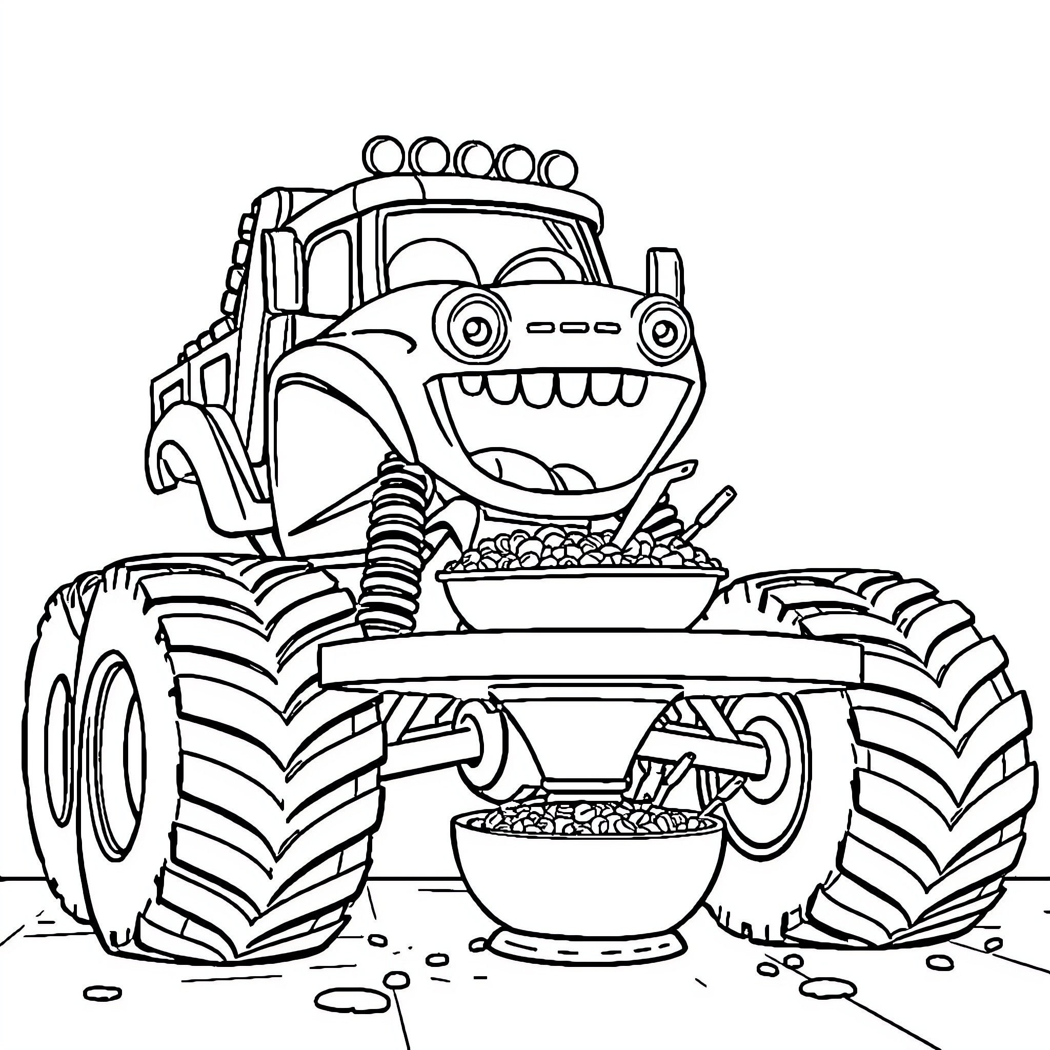 Monster Truck with Playful Expression and Snacks Coloring Page (free black-and-white line drawing printable PDF for all, from beginners to advanced learners, including children, teens, adults, and seniors)