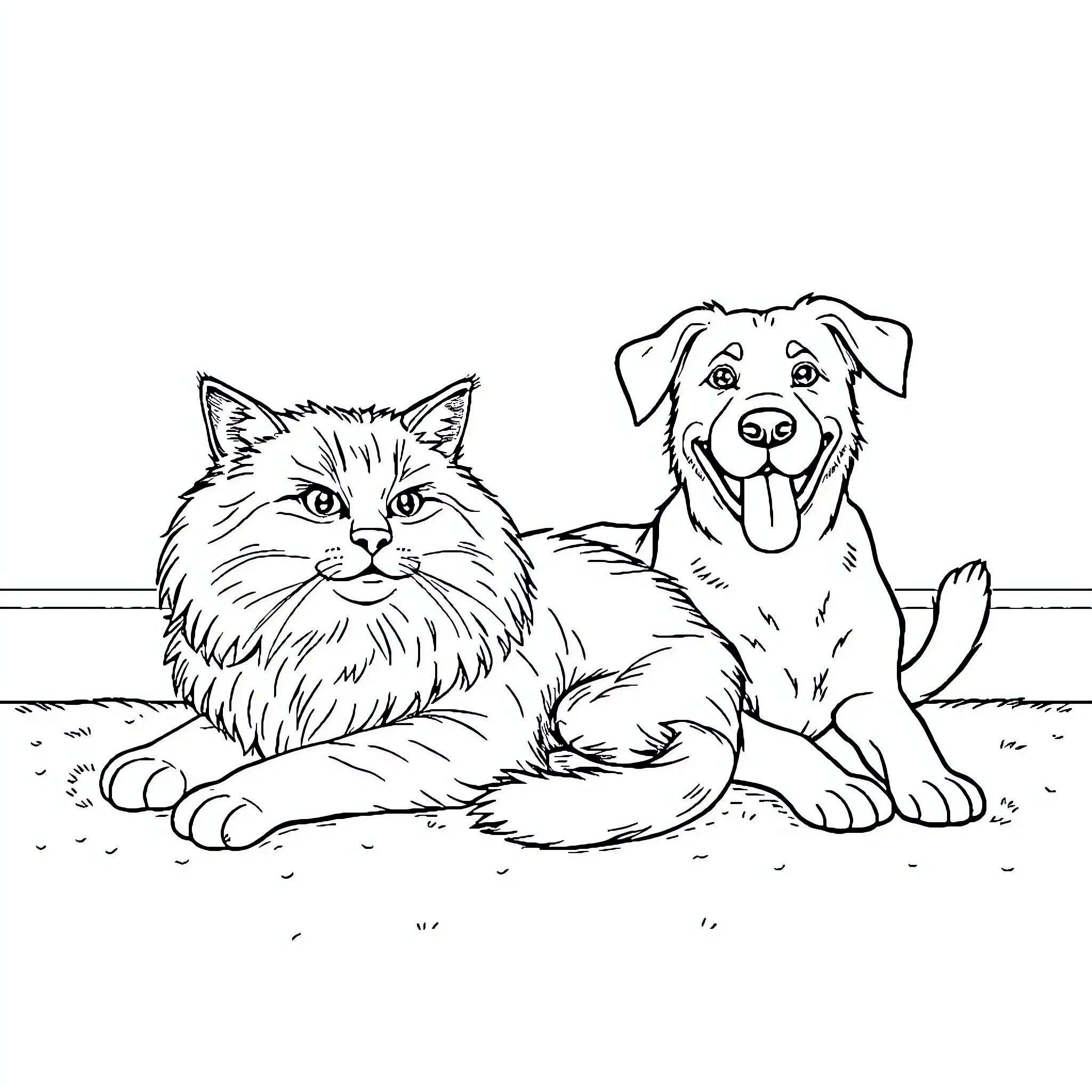 Cat and Dog Resting Together Peacefully Coloring Page (free black-and-white line drawing printable PDF for all, from beginners to advanced learners, including children, teens, adults, and seniors)