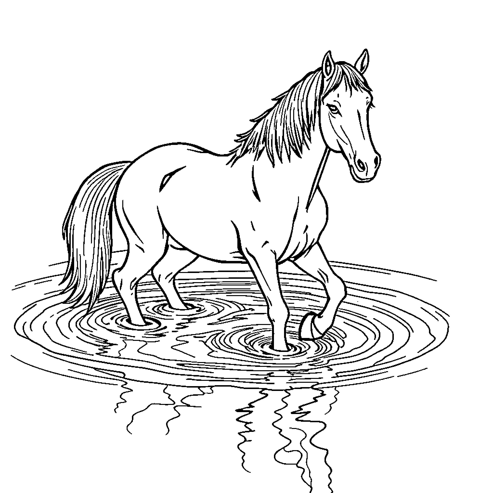 Horse standing in shallow water Coloring Page (free black-and-white line drawing printable PDF for all, from beginners to advanced learners, including children, teens, adults, and seniors)
