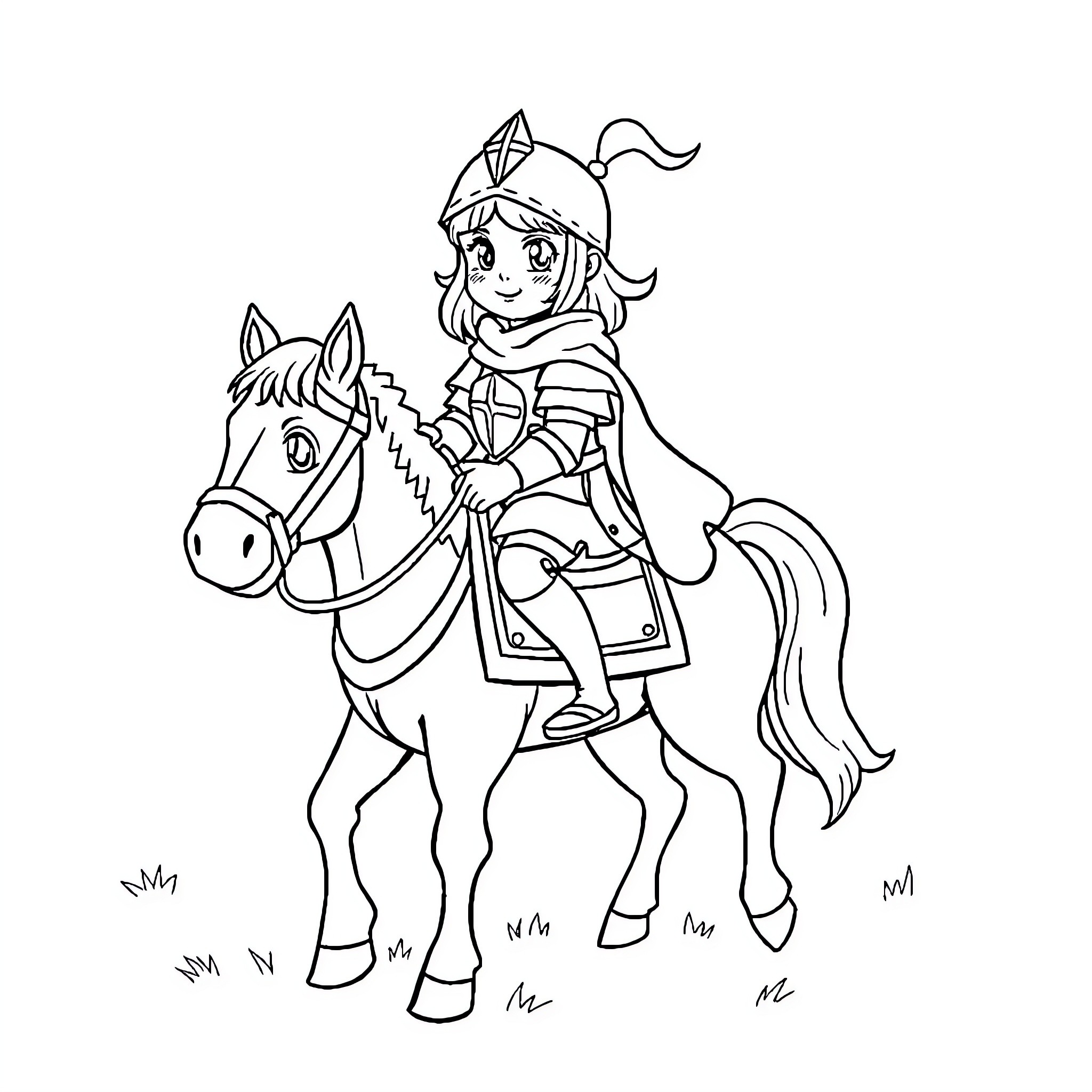 Rider in Cartoon Equestrian Outfit on Horse Coloring Page (free black-and-white line drawing printable PDF for all, from beginners to advanced learners, including children, teens, adults, and seniors)
