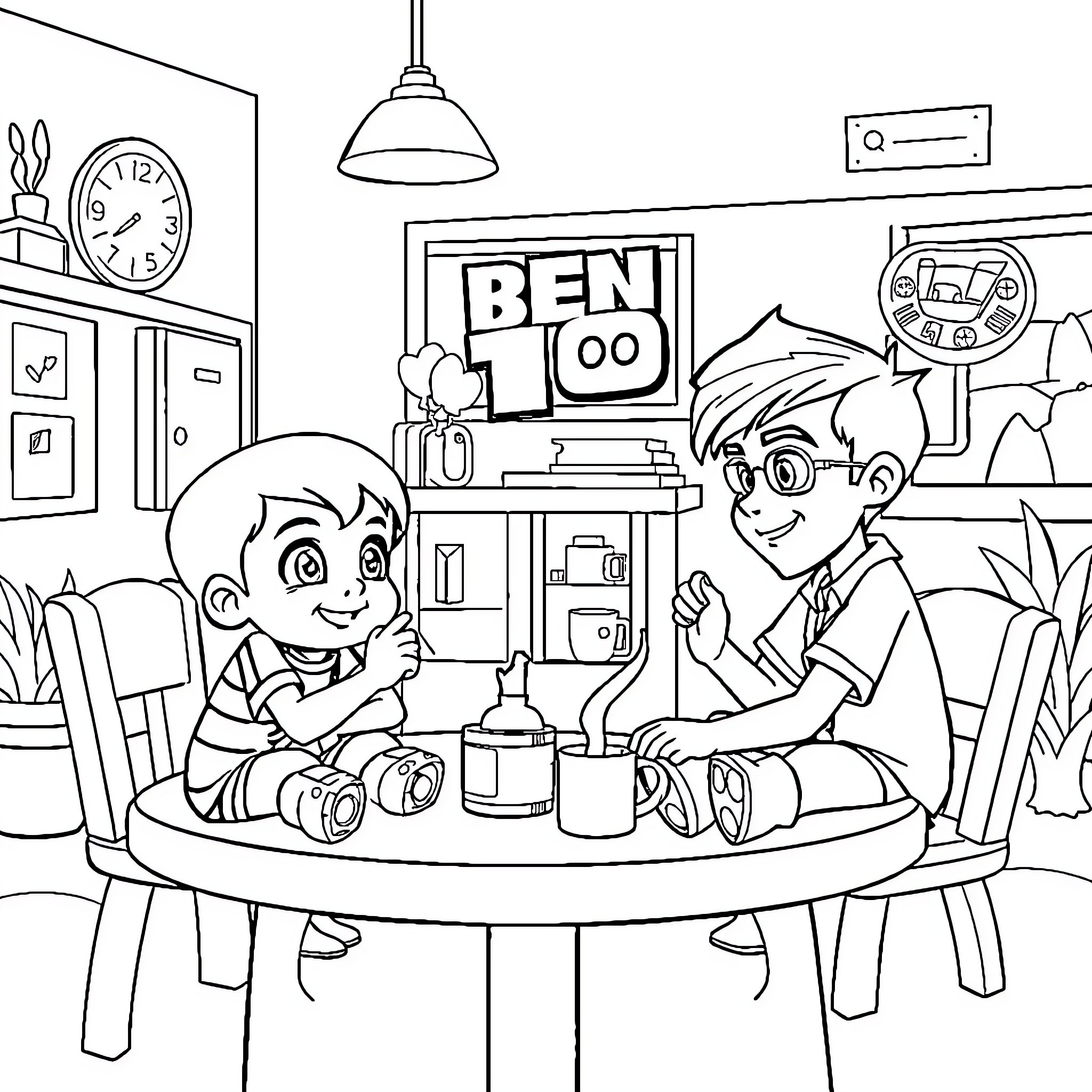 Ben 10 enjoying snacks with friends in bedroom Coloring Page (free black-and-white line drawing printable PDF for all, from beginners to advanced learners, including children, teens, adults, and seniors)