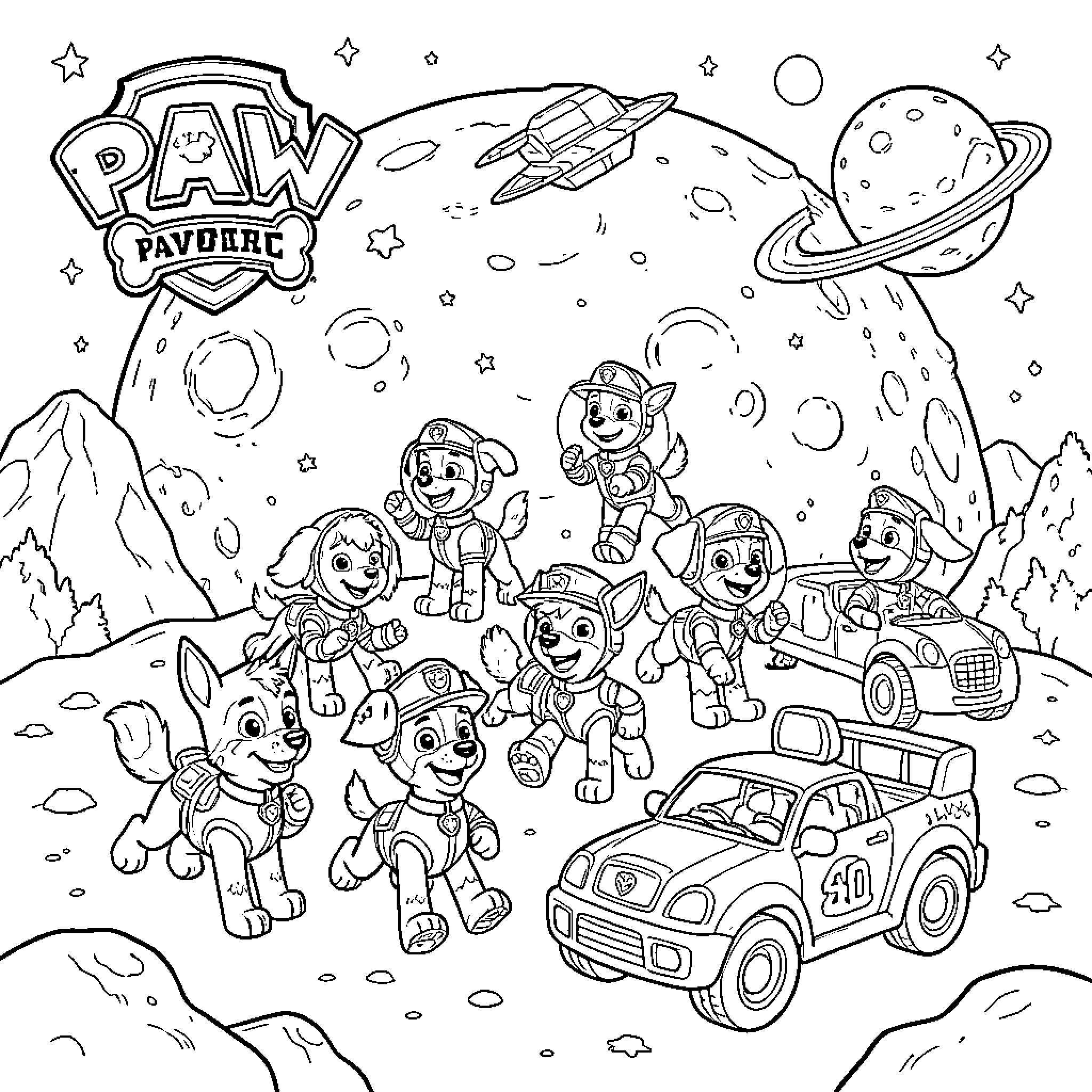 Paw Patrol pups celebrating a space adventure mission Coloring Page (free black-and-white line drawing printable PDF for all, from beginners to advanced learners, including children, teens, adults, and seniors)