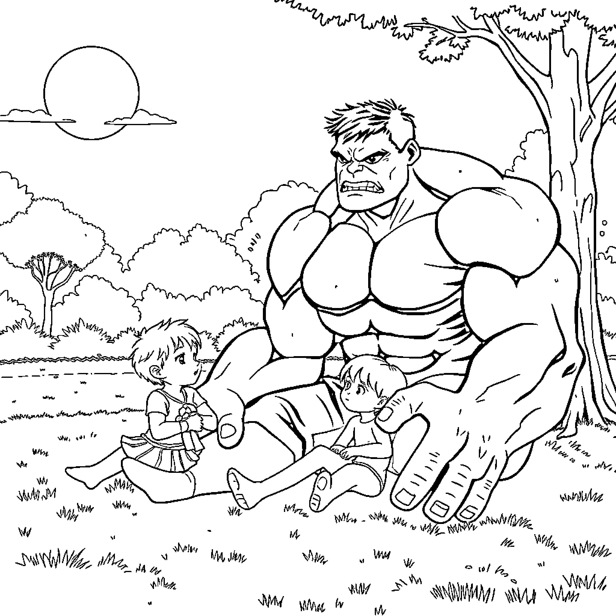 Hulk resting with children in peaceful nature Coloring Page (free black-and-white line drawing printable PDF for all, from beginners to advanced learners, including children, teens, adults, and seniors)
