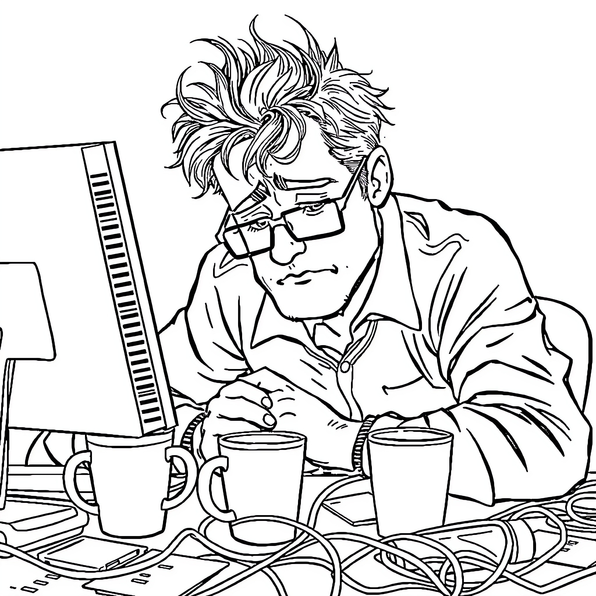 IT Guy Immersed in Coding and Coffee at Desk Coloring Page (free black-and-white line drawing printable PDF for all, from beginners to advanced learners, including children, teens, adults, and seniors)
