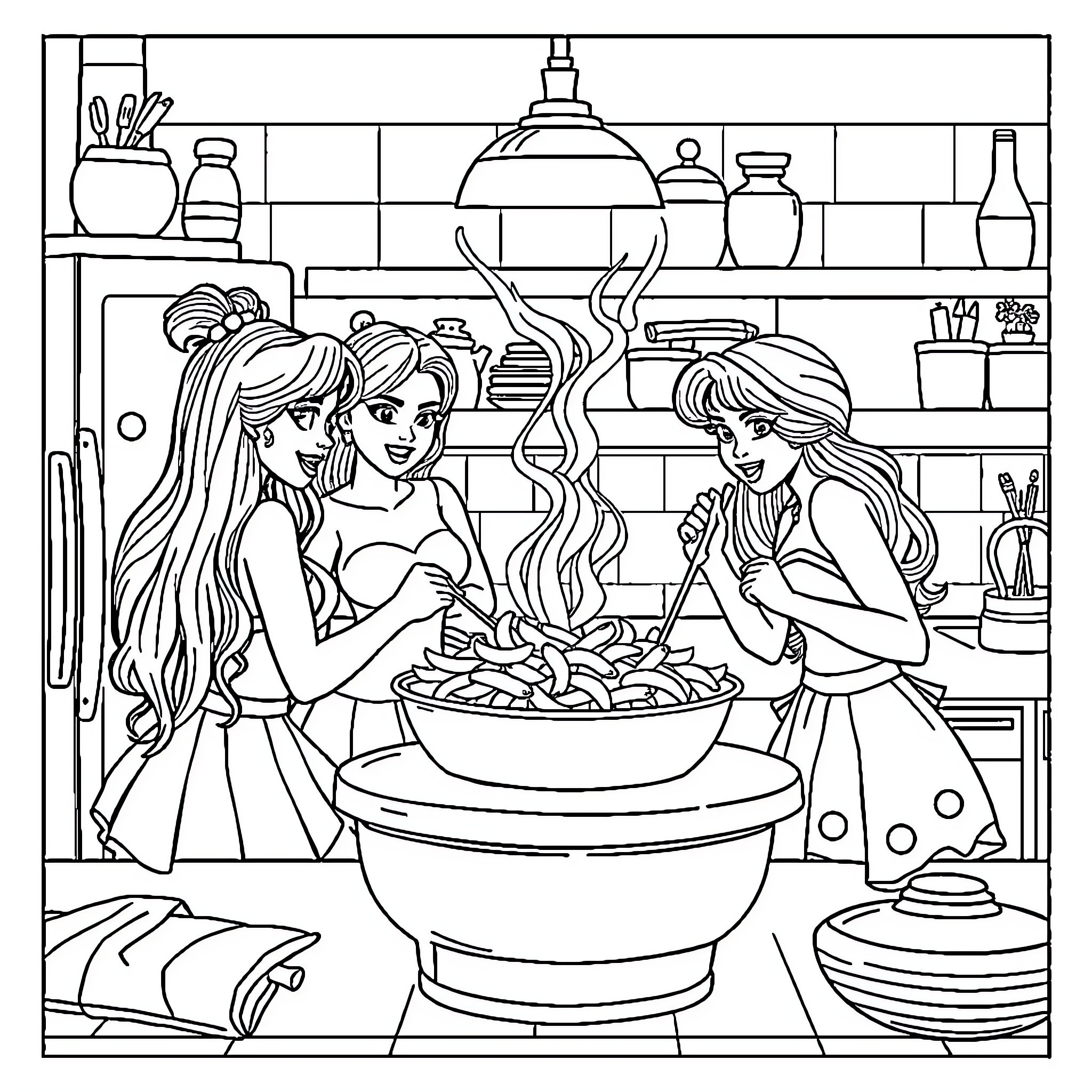 Powerpuff Girls Cooking Together in the Kitchen Coloring Page (free black-and-white line drawing printable PDF for all, from beginners to advanced learners, including children, teens, adults, and seniors)