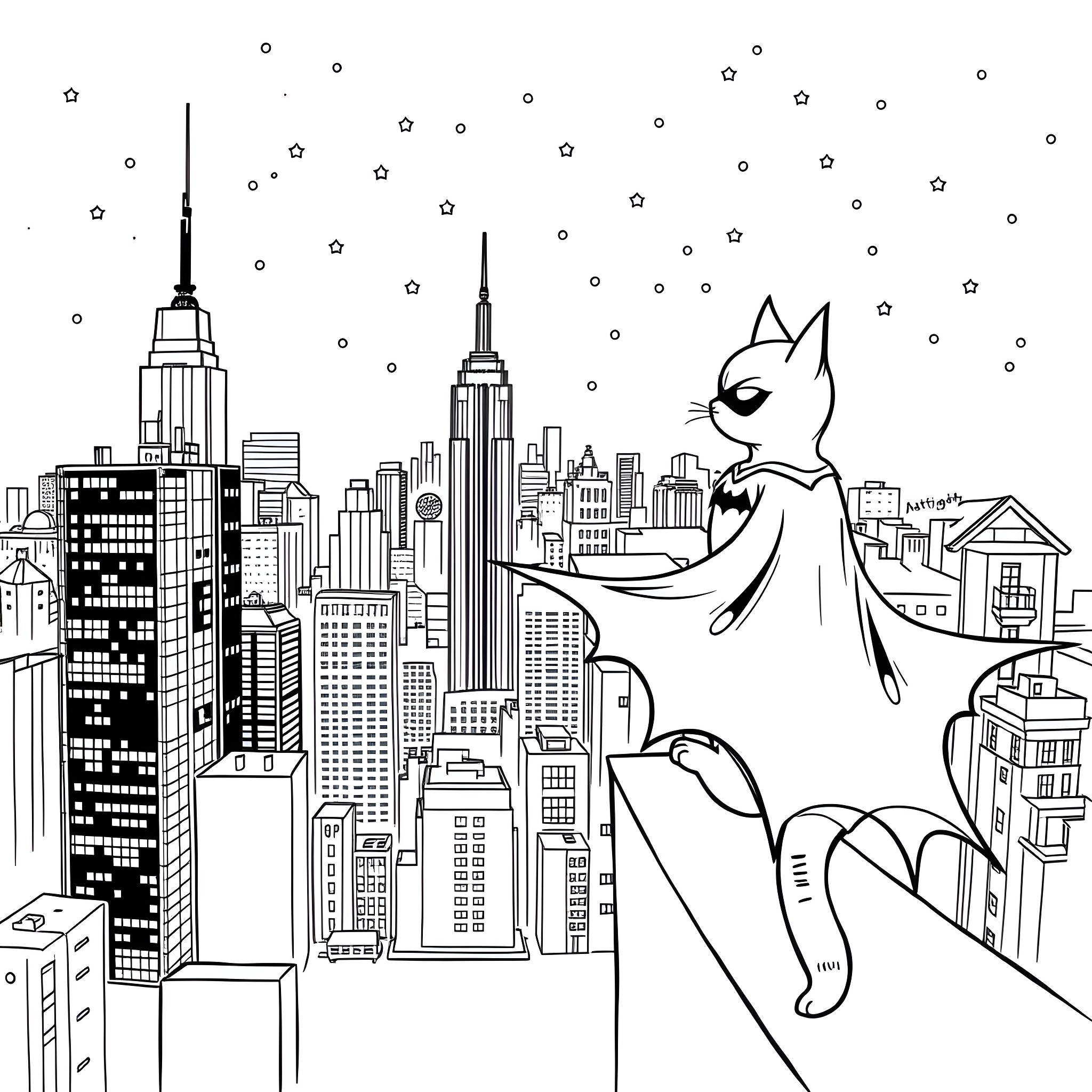 Cat exploring the city skyline at night Coloring Page (free black-and-white line drawing printable PDF for all, from beginners to advanced learners, including children, teens, adults, and seniors)