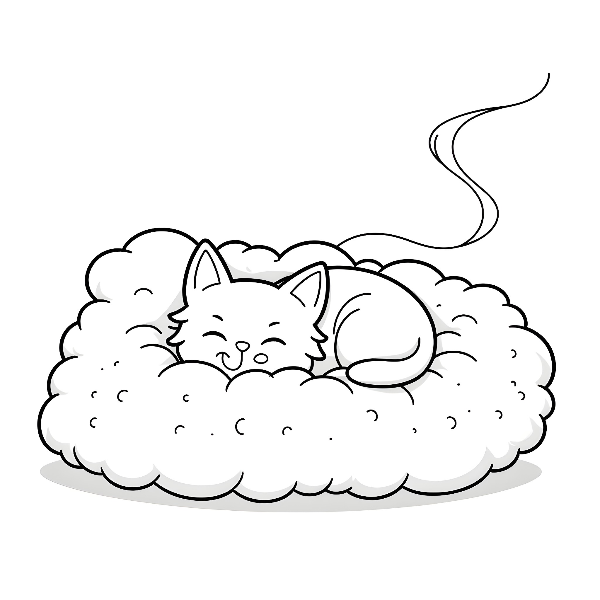 Kitty napping cozy in the clouds Coloring Page (free black-and-white line drawing printable PDF for all, from beginners to advanced learners, including children, teens, adults, and seniors)