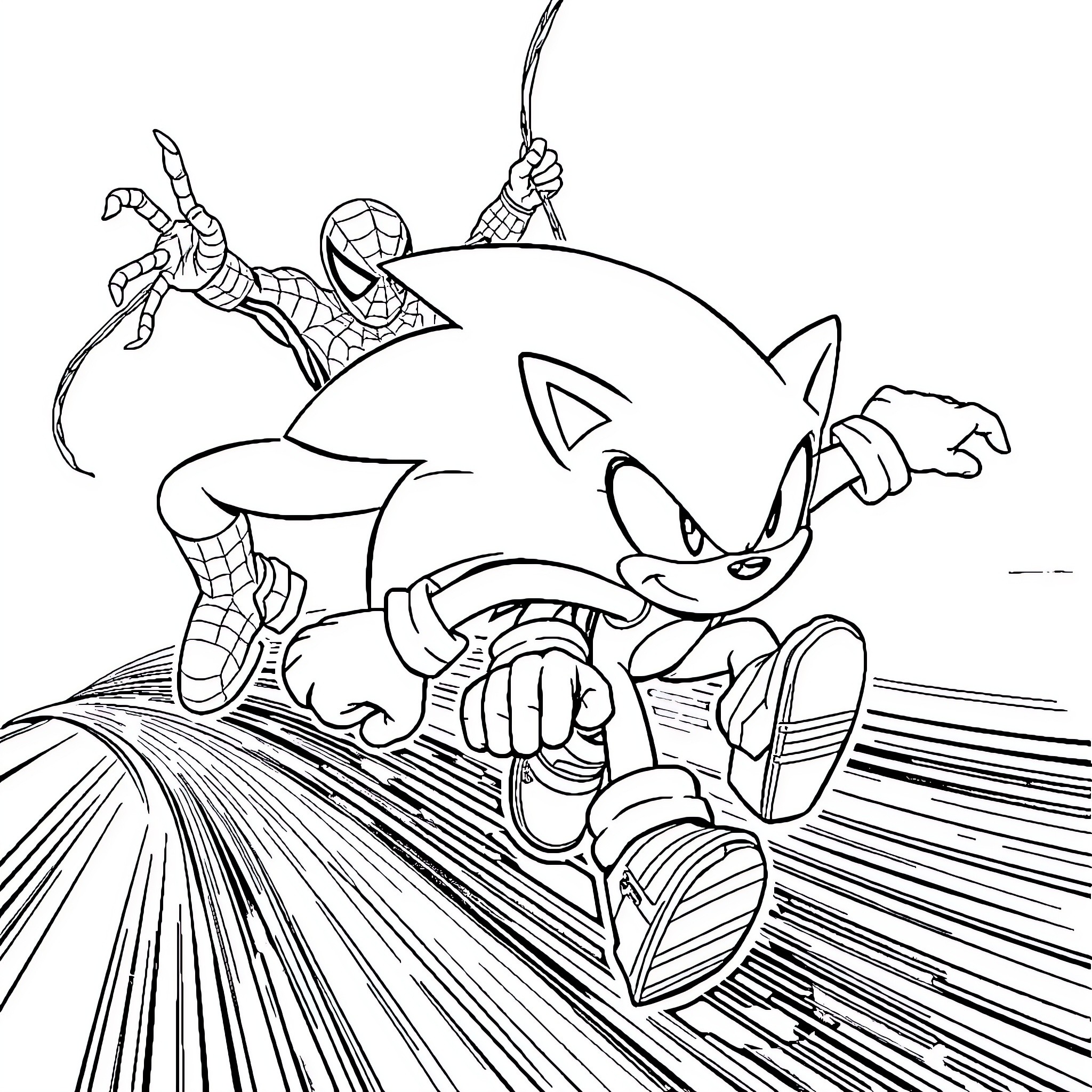 Sonic and Spider-Man's high-speed adventure Coloring Page (free black-and-white line drawing printable PDF for all, from beginners to advanced learners, including children, teens, adults, and seniors)