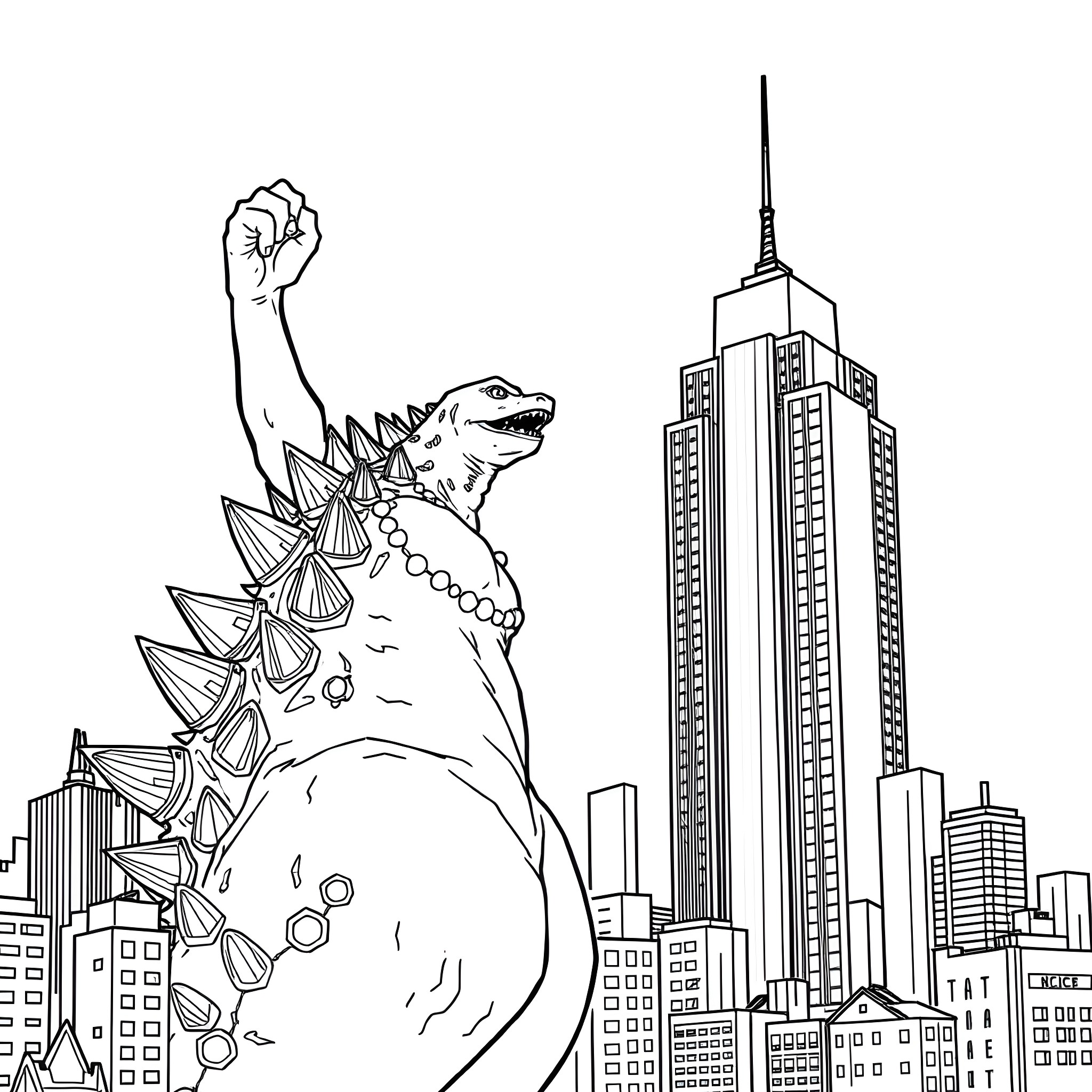 Godzilla rampaging through the city skyline Coloring Page (free black-and-white line drawing printable PDF for all, from beginners to advanced learners, including children, teens, adults, and seniors)